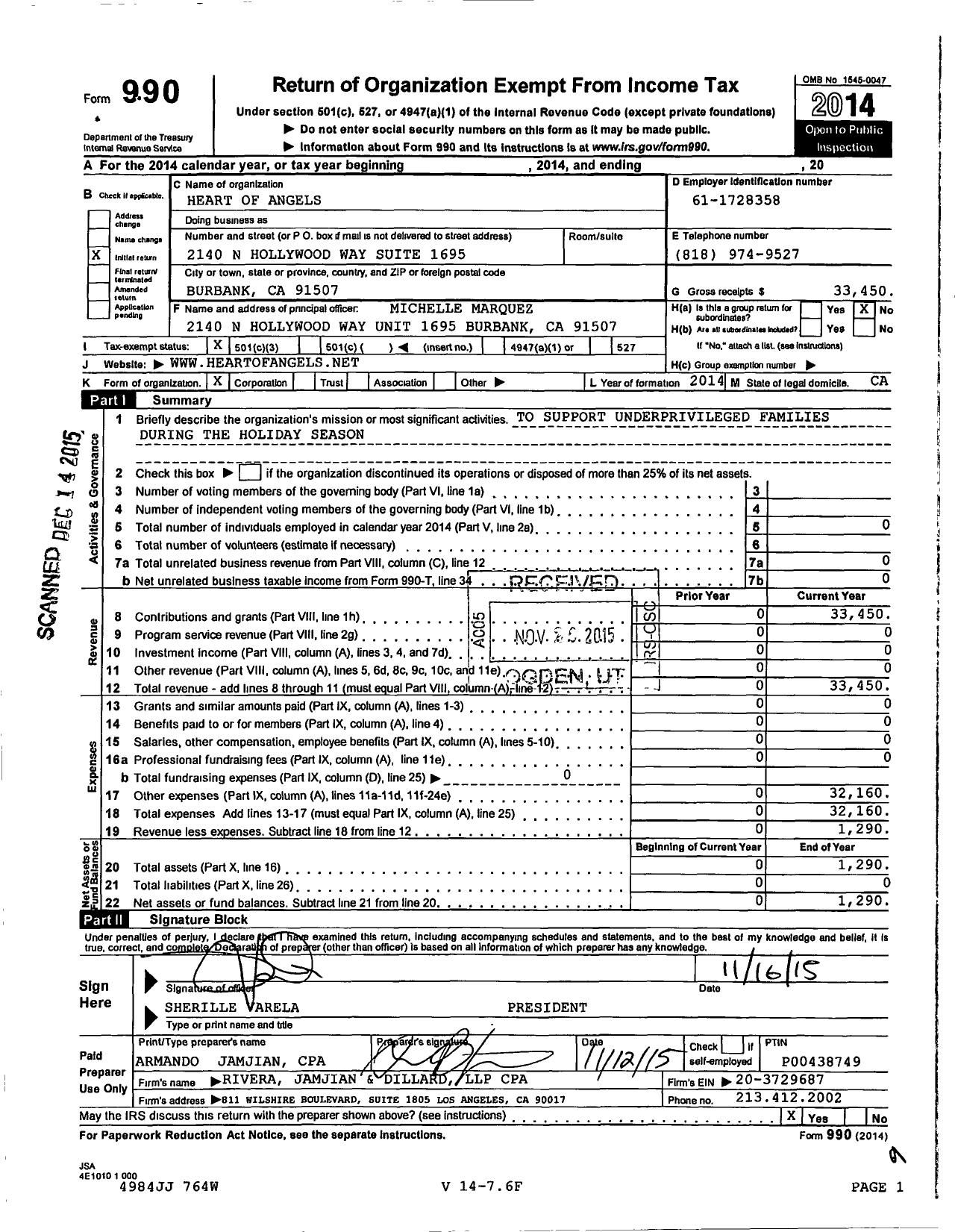 Image of first page of 2014 Form 990 for Heart of Angels