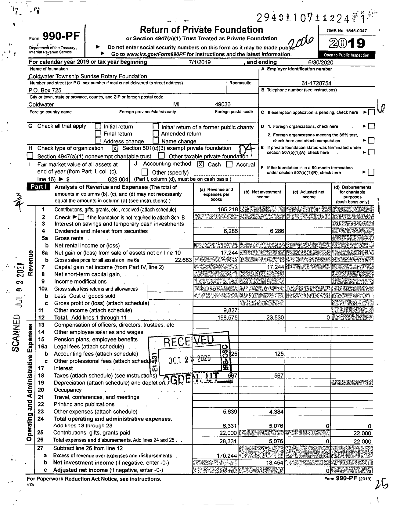 Image of first page of 2019 Form 990PF for Coldwater Township Sunrise Rotary Foundation