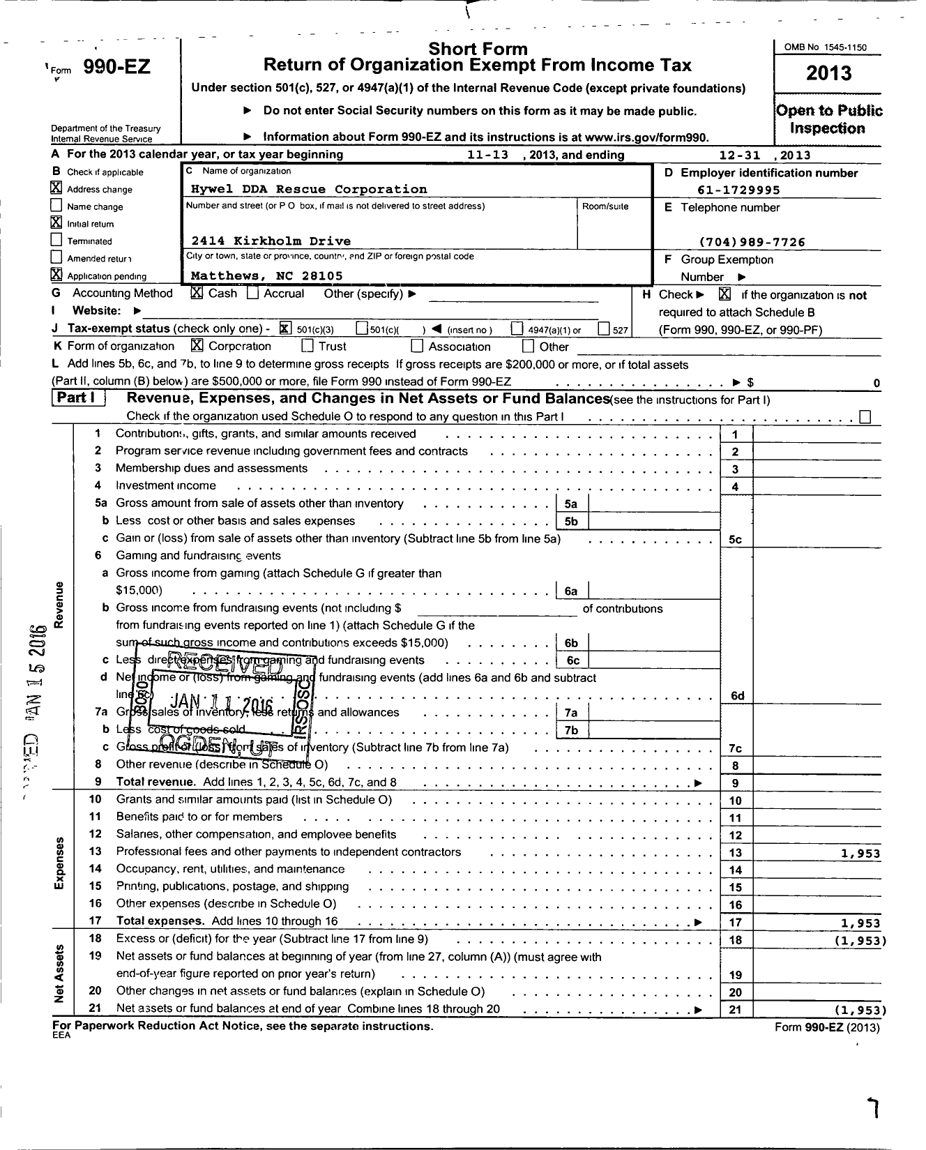 Image of first page of 2013 Form 990EZ for Hywel DDA Rescue Corporation