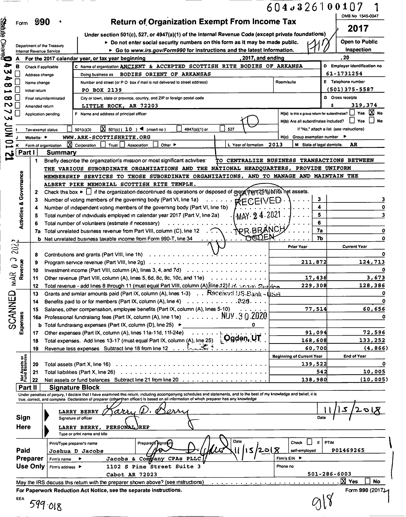 Image of first page of 2017 Form 990O for Arkansas Scottish Rite