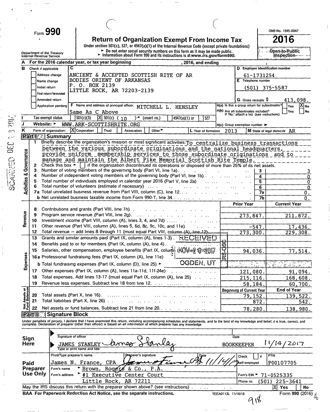 Image of first page of 2016 Form 990O for Arkansas Scottish Rite