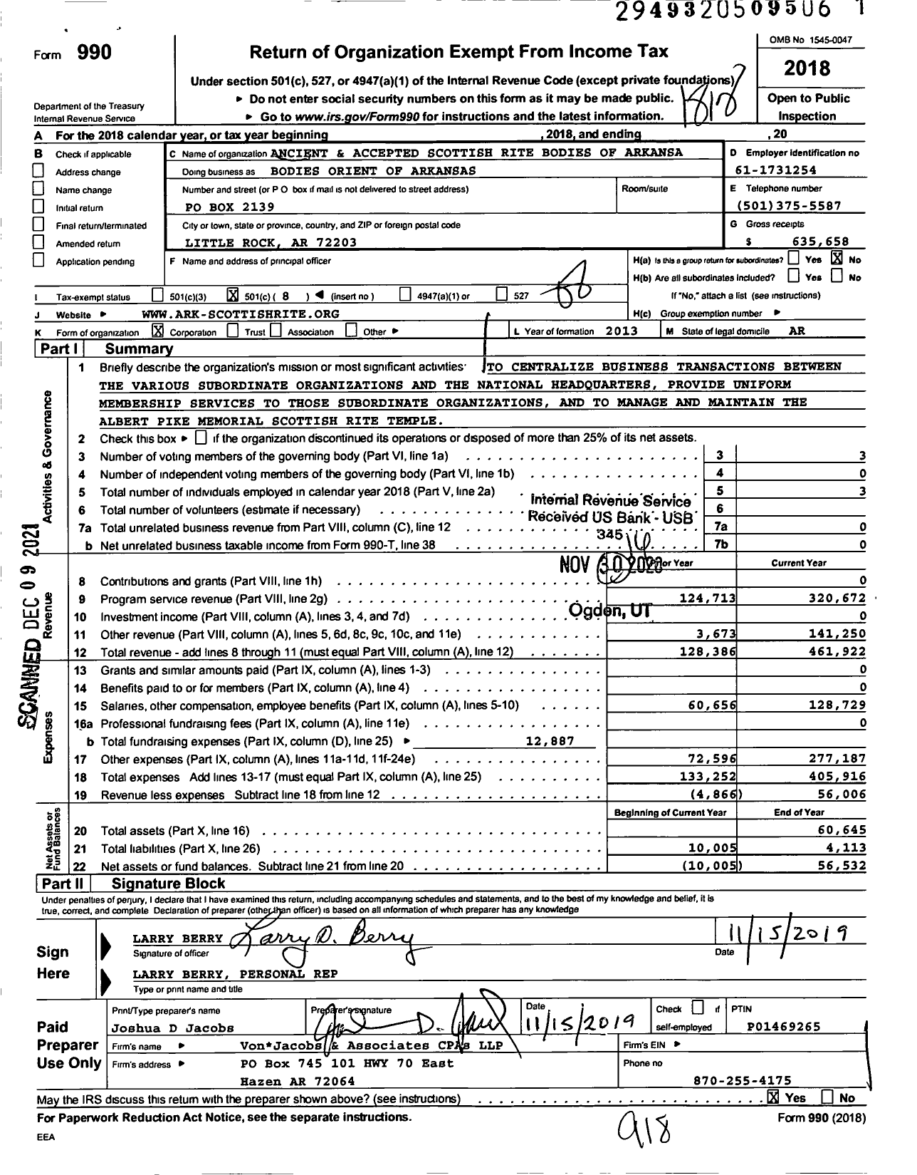 Image of first page of 2018 Form 990O for Arkansas Scottish Rite