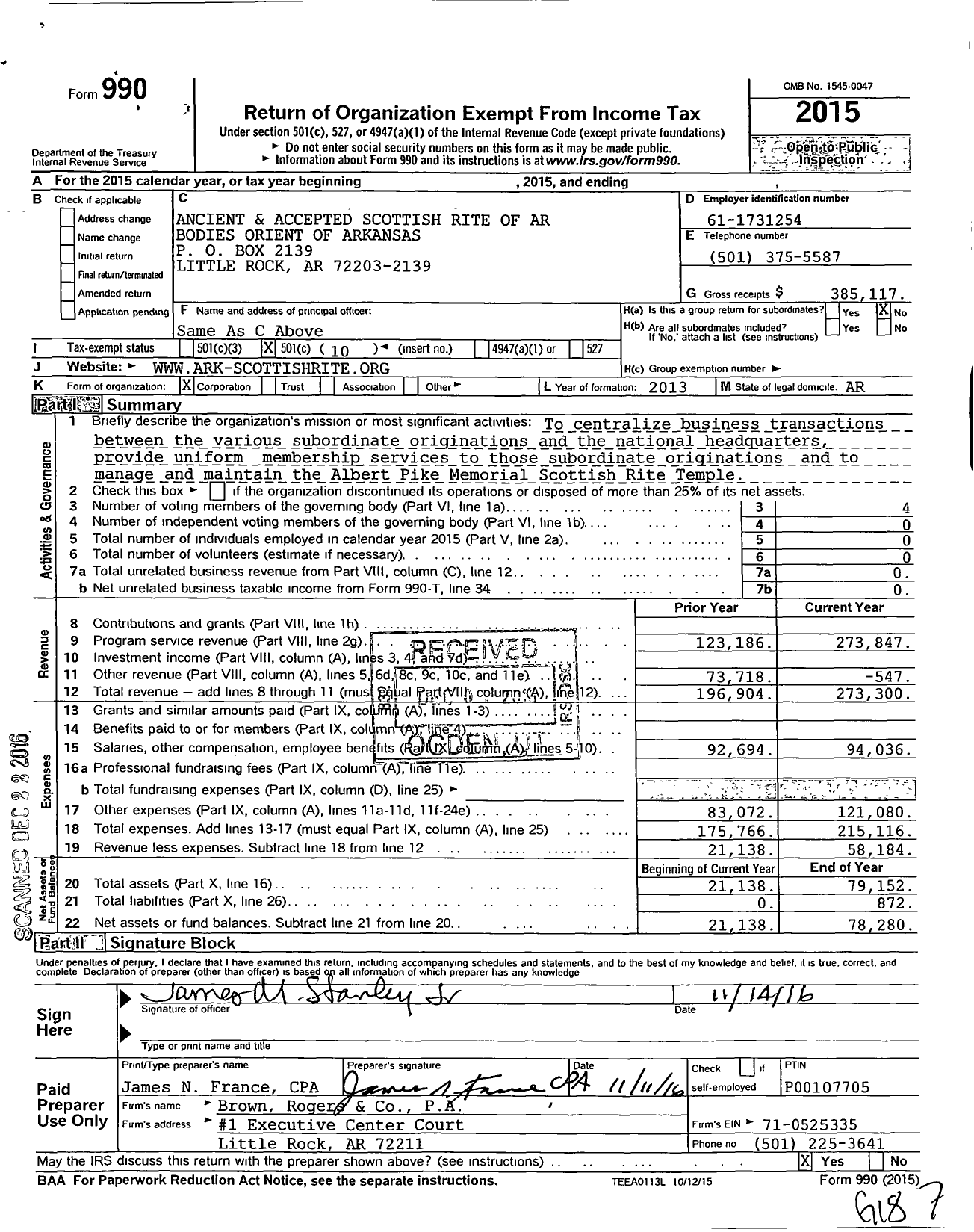 Image of first page of 2015 Form 990O for Arkansas Scottish Rite