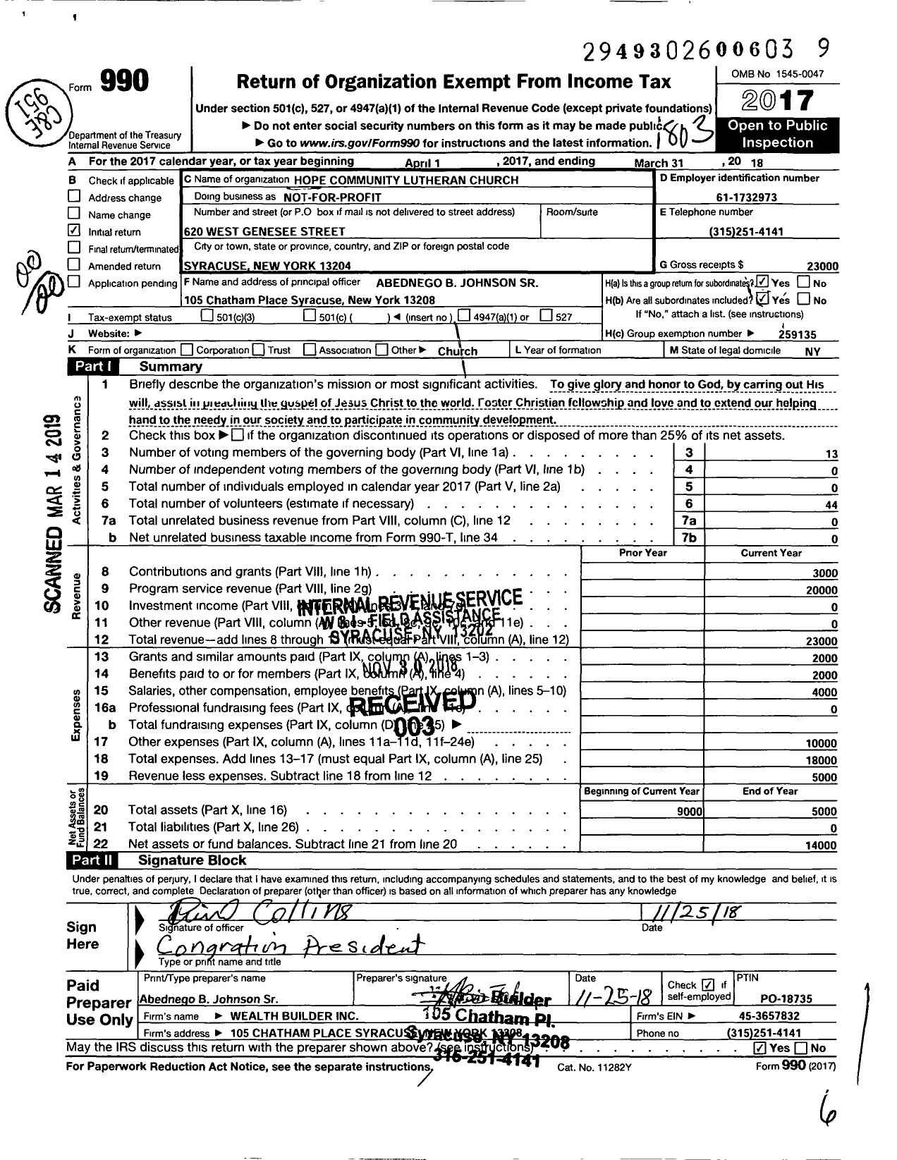 Image of first page of 2017 Form 990O for Hope Community Lutheran Church