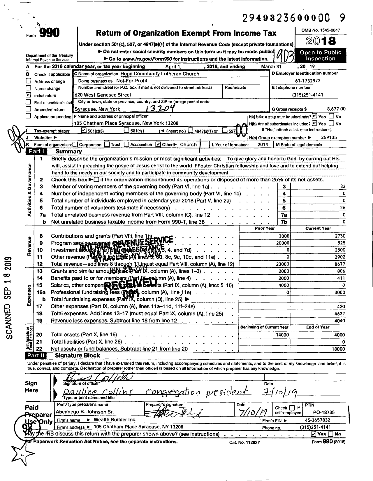 Image of first page of 2018 Form 990O for Hope Community Lutheran Church