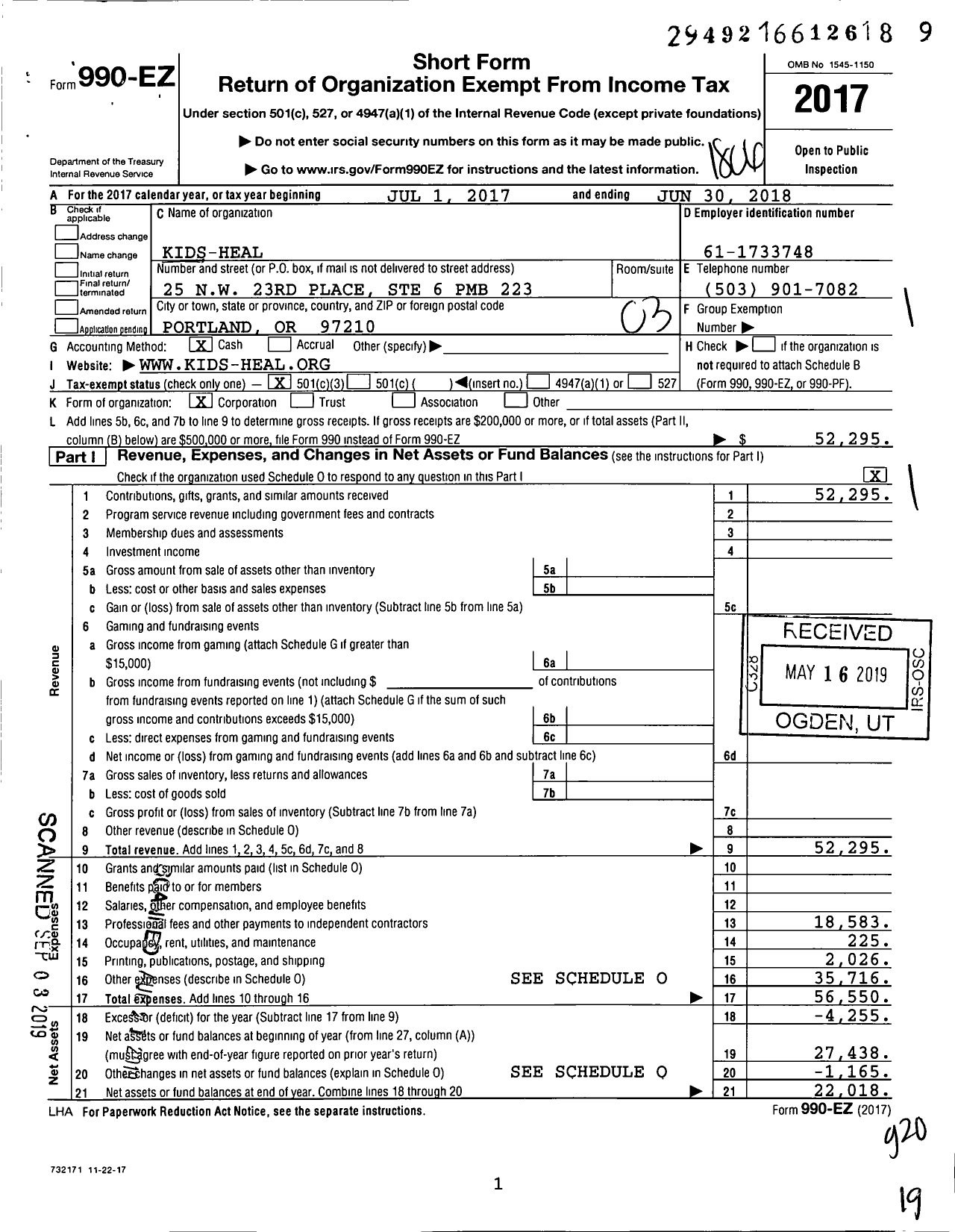 Image of first page of 2017 Form 990EZ for Kids-Heal