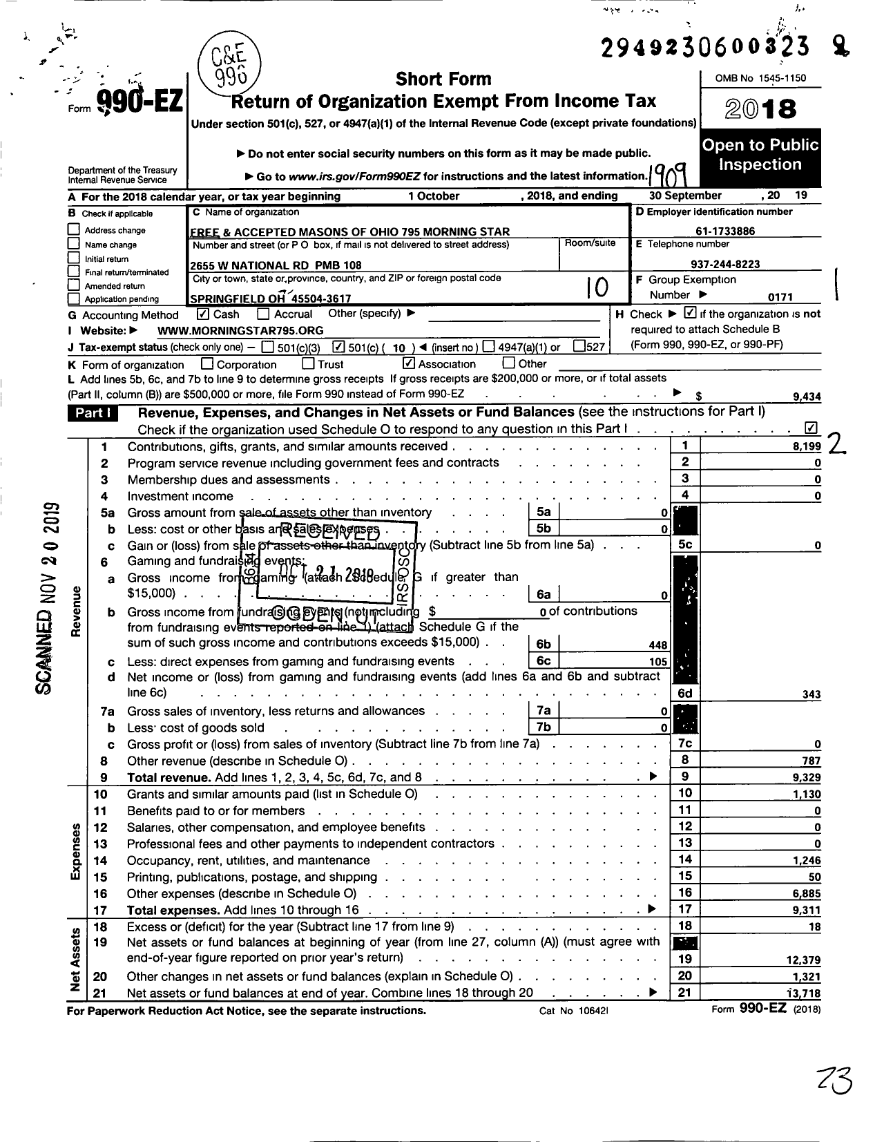 Image of first page of 2018 Form 990EO for Free & Accepted Masons of Ohio - 795 Morning Star