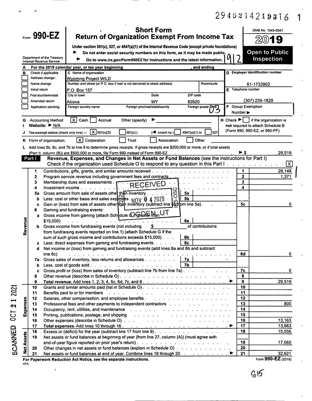 Image of first page of 2019 Form 990EZ for Wyoming Project WILD
