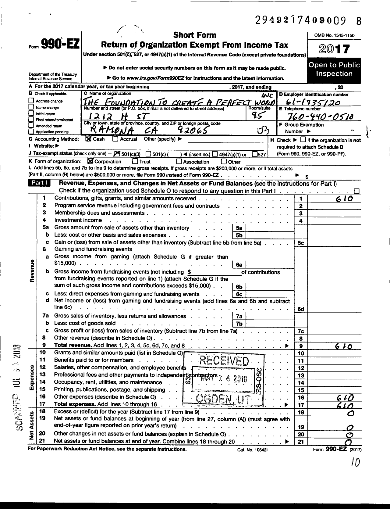 Image of first page of 2017 Form 990EZ for The Foundation To Create A Perfect World