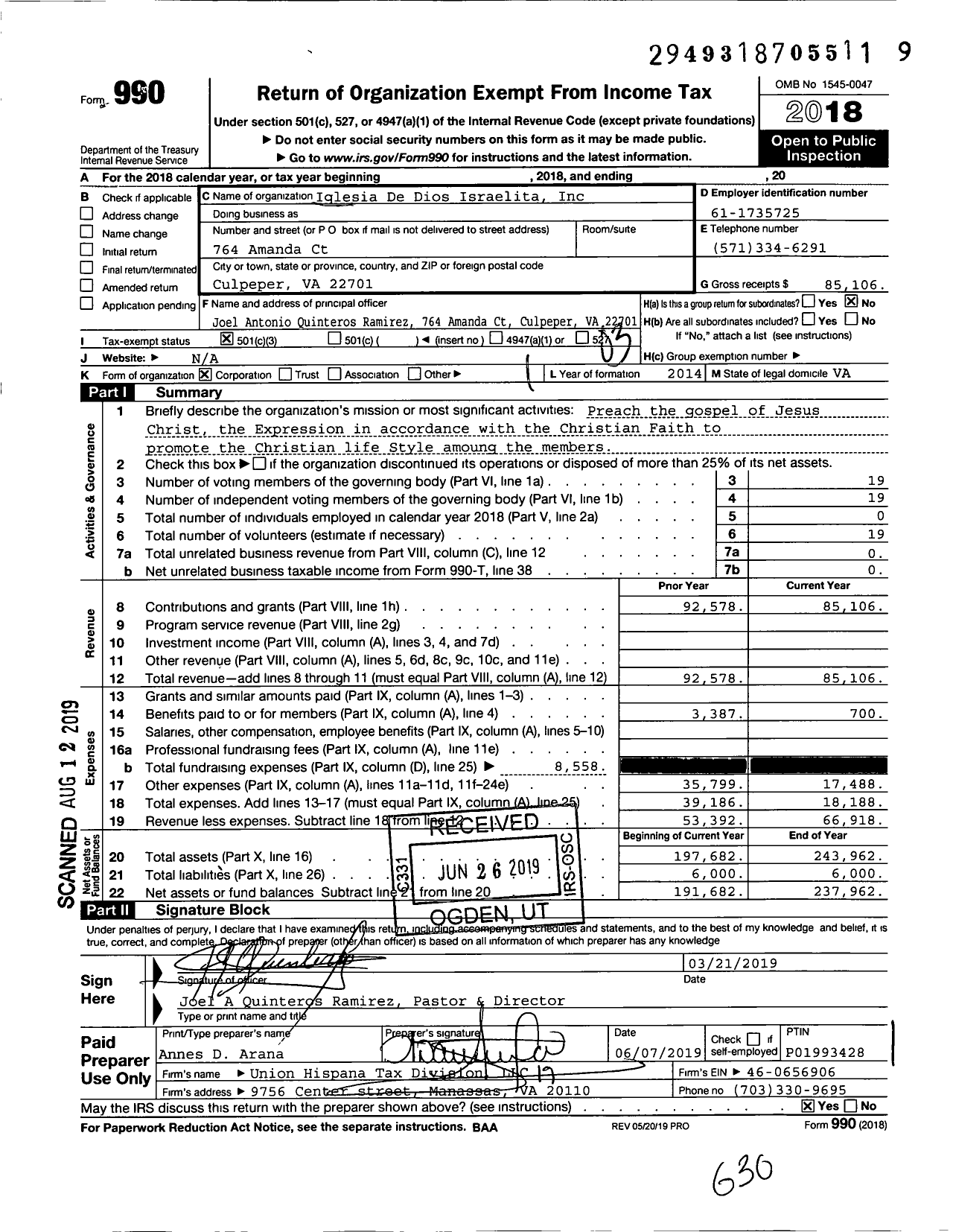 Image of first page of 2018 Form 990 for Iglesia De Dios Israelita