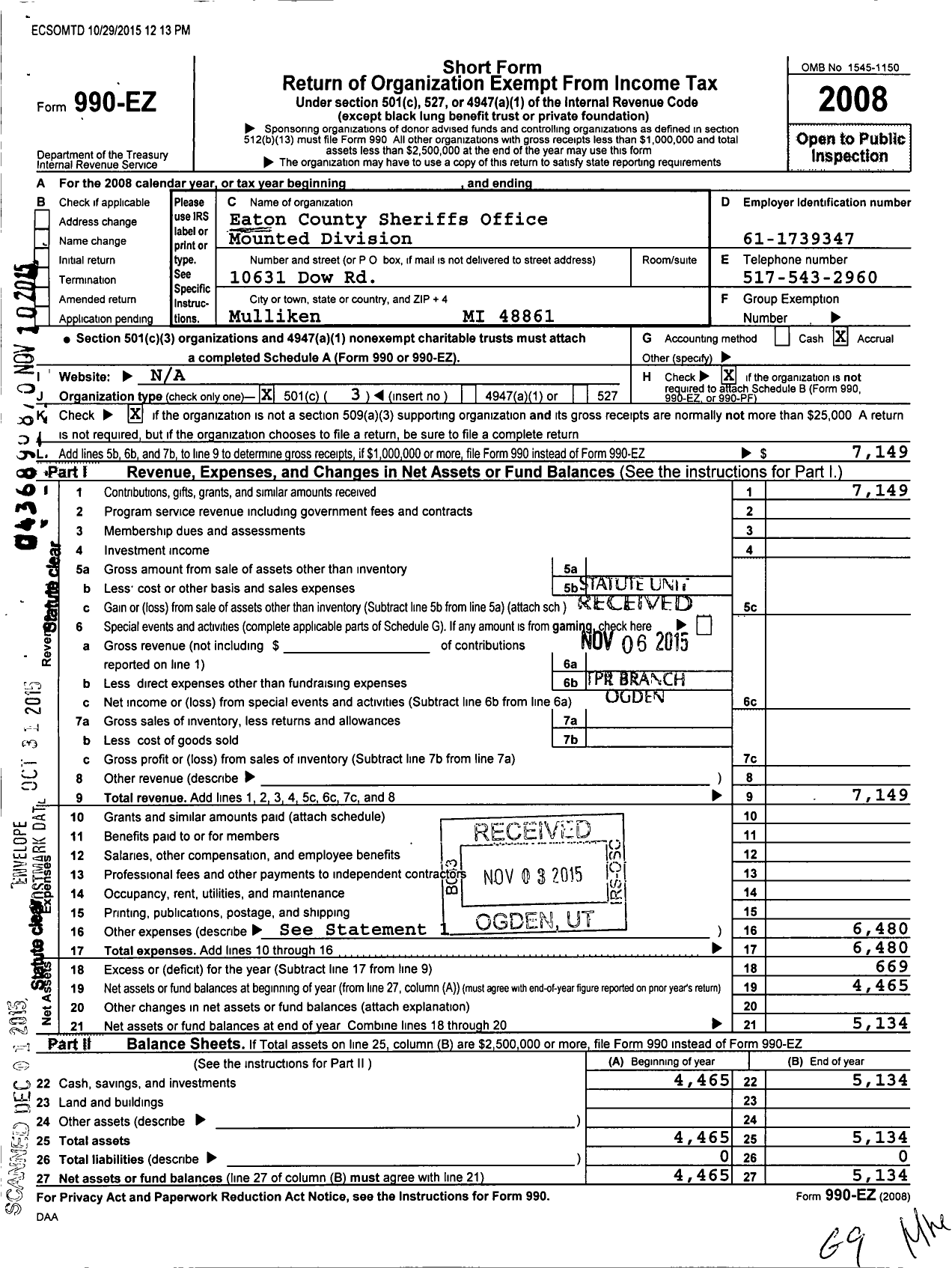 Image of first page of 2008 Form 990EZ for Eaton County Sheriffs Office Mt Dvs