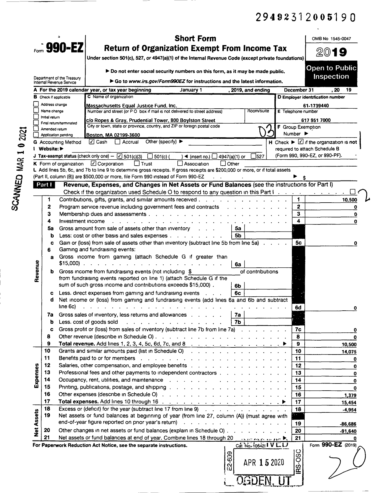 Image of first page of 2019 Form 990EZ for Massachusetts Equal Justice Fund