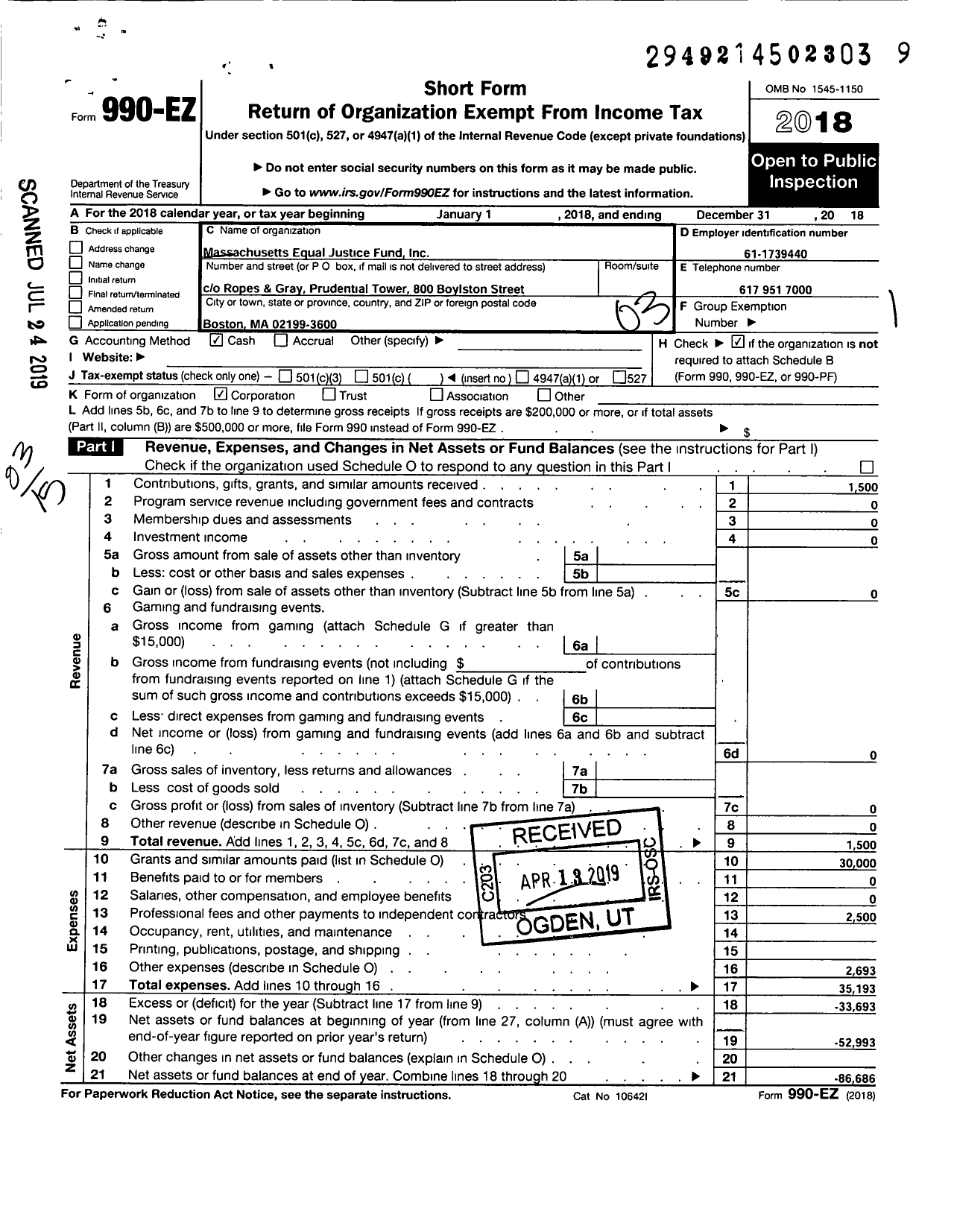 Image of first page of 2018 Form 990EZ for Massachusetts Equal Justice Fund