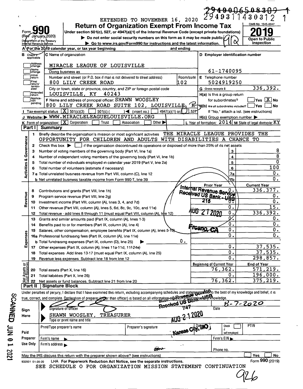 Image of first page of 2019 Form 990 for Miracle League of Louisville