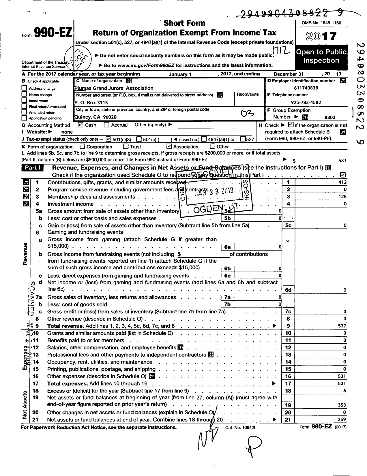 Image of first page of 2017 Form 990EZ for Plumas Grand Jurors Association