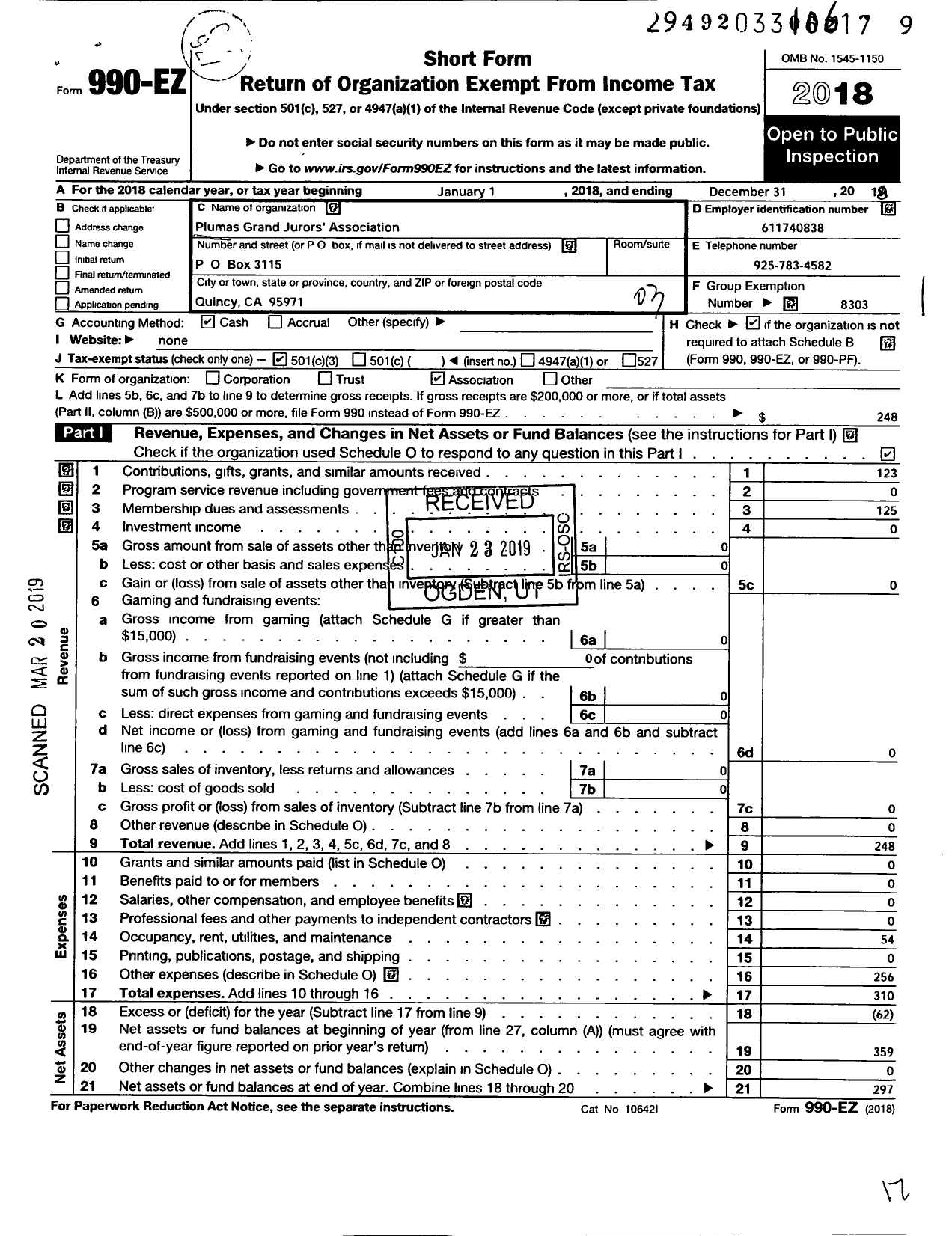 Image of first page of 2018 Form 990EZ for Plumas Grand Jurors Association