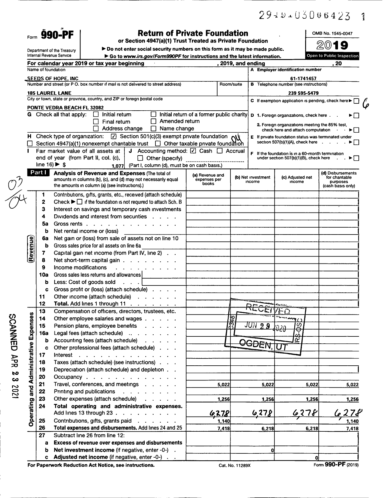 Image of first page of 2019 Form 990PF for Seeds of Hope