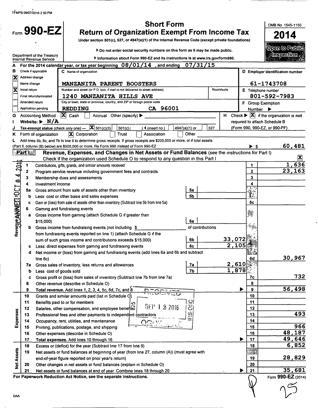 Image of first page of 2014 Form 990EZ for Parent Booster USA / Manzanita Parent Boosters