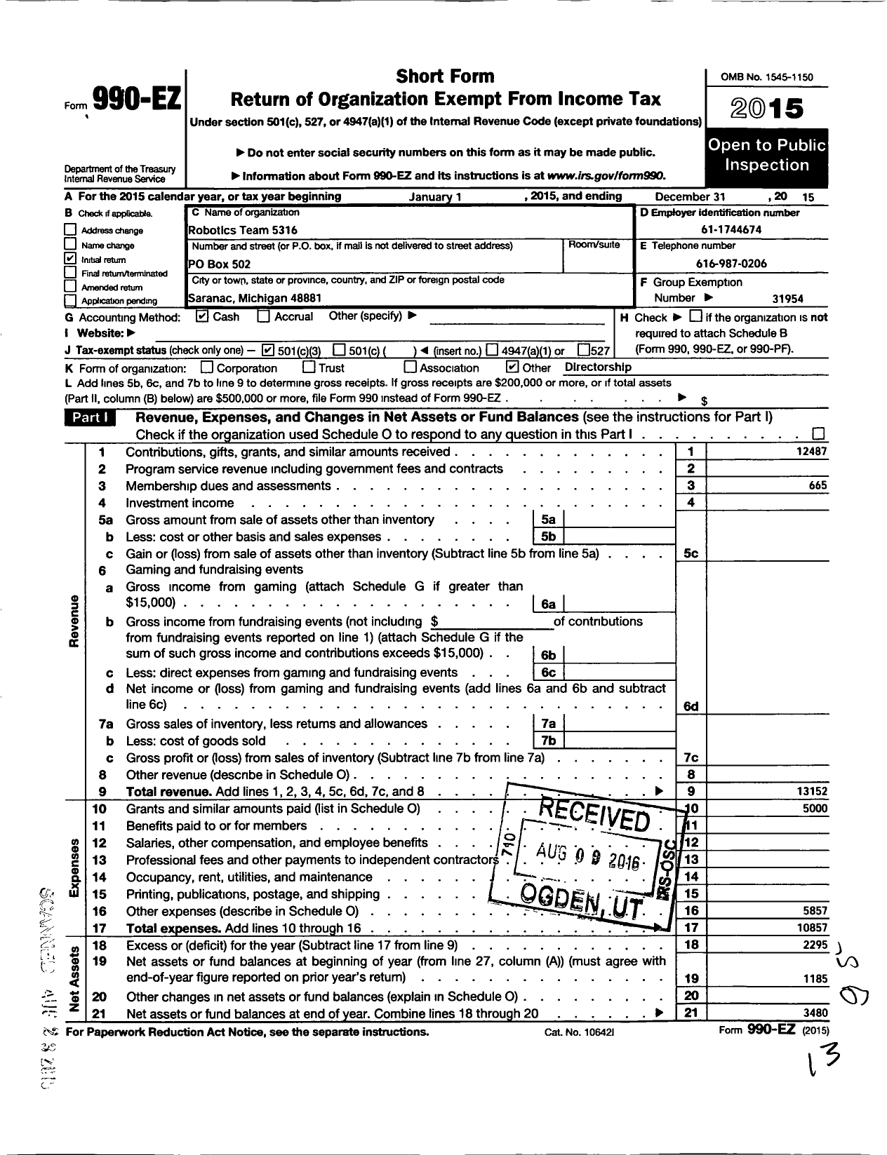 Image of first page of 2015 Form 990EZ for Robotics Team 5316