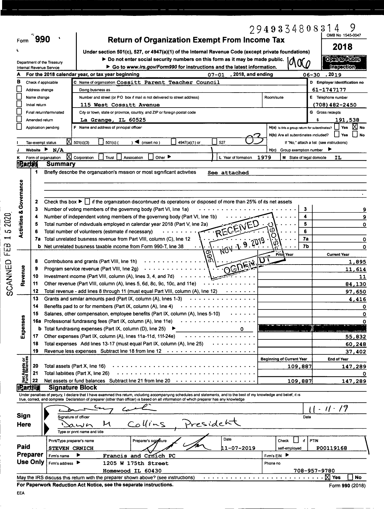 Image of first page of 2018 Form 990 for Cossitt Parent Teacher Council