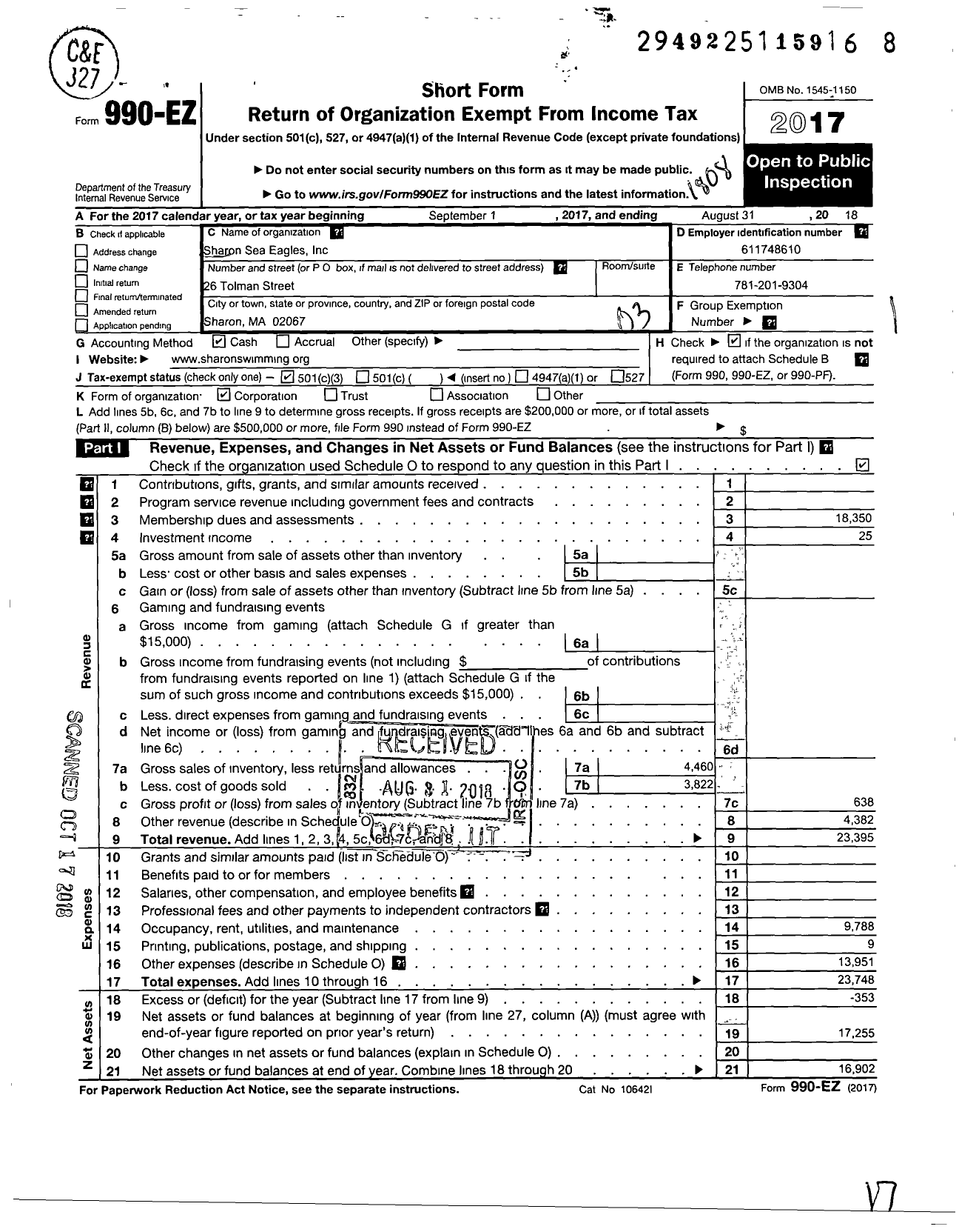 Image of first page of 2017 Form 990EZ for Sharon Sea Eagles