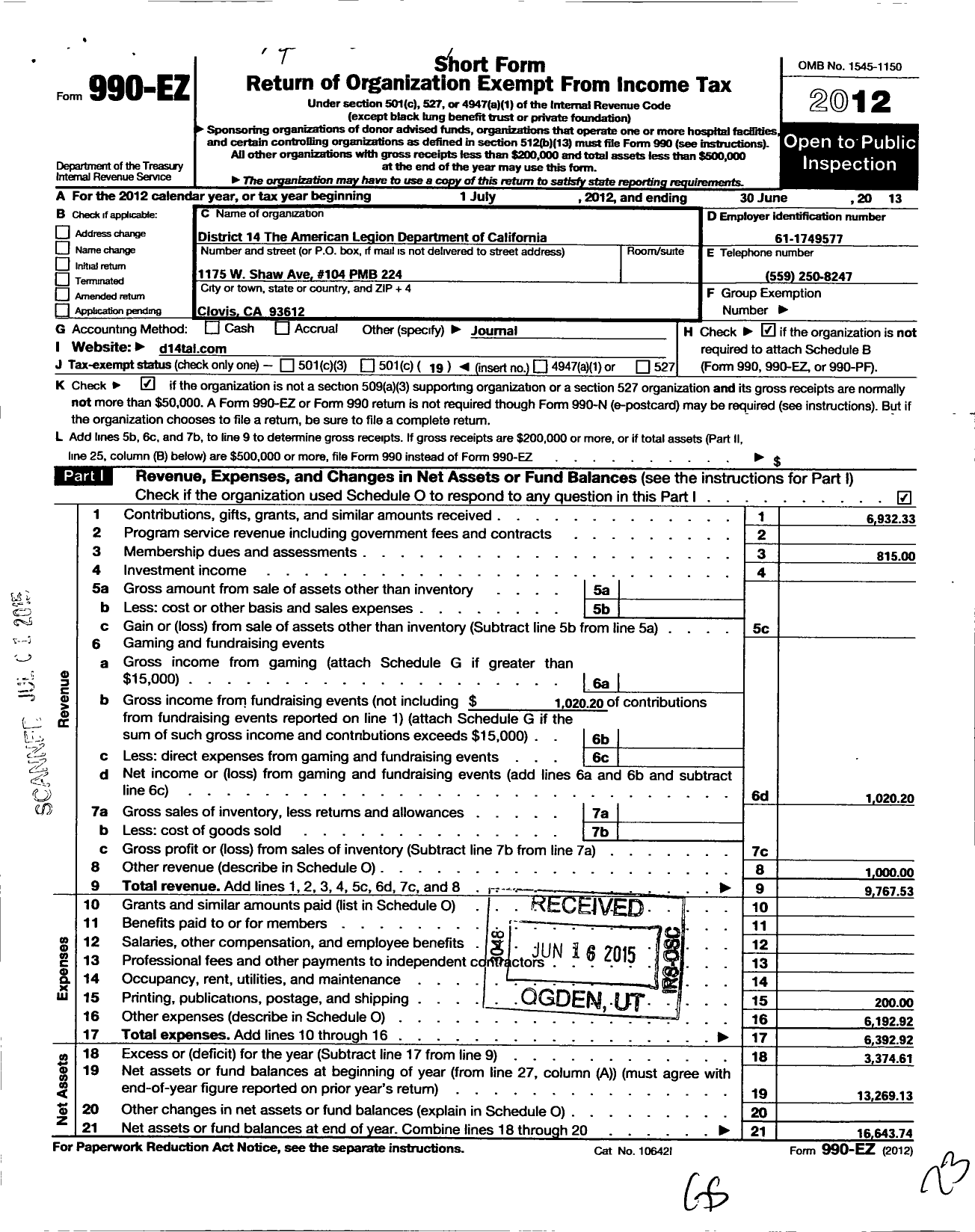 Image of first page of 2012 Form 990EO for District 14 the American Legion Department of California