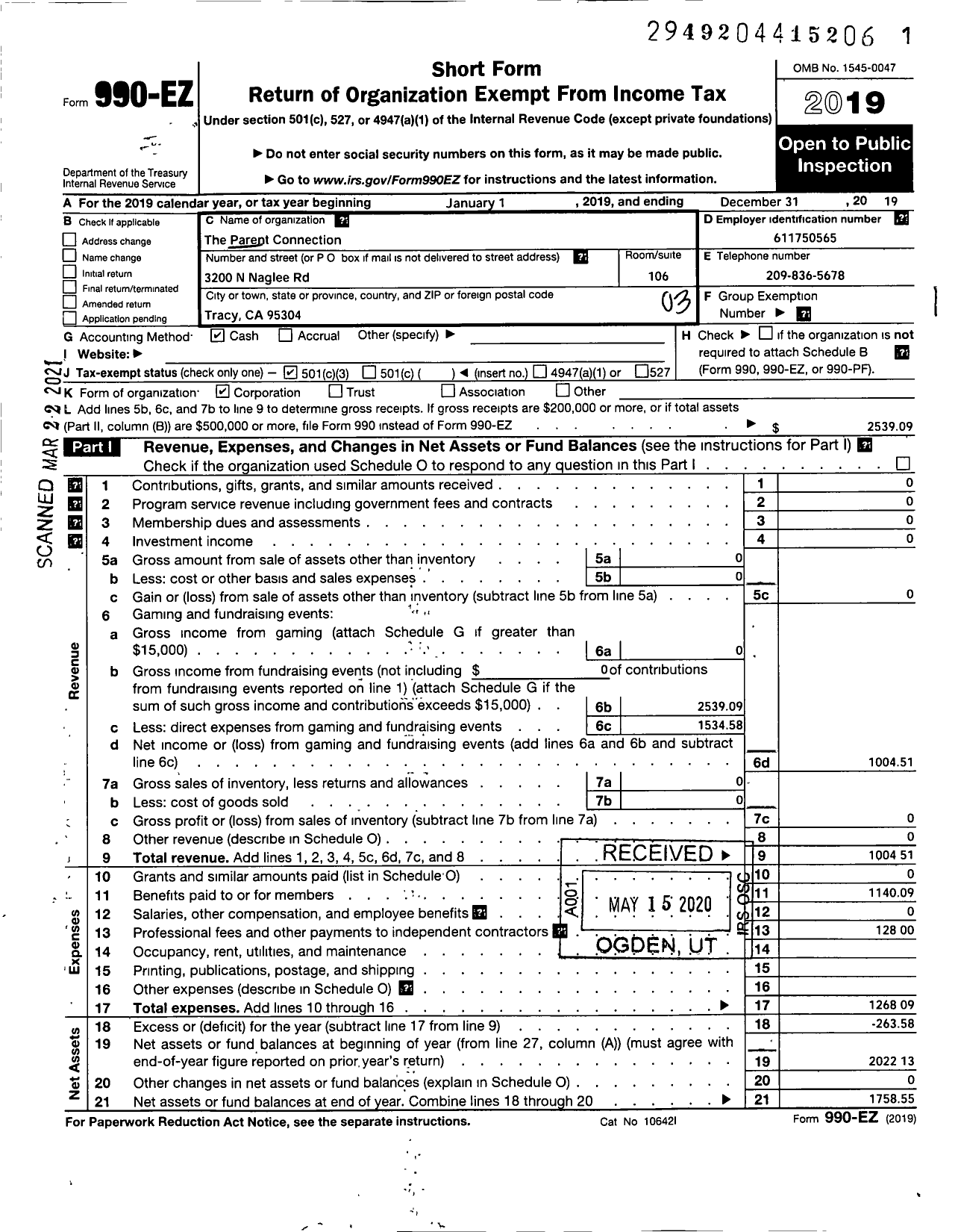 Image of first page of 2019 Form 990EZ for Parent Connection