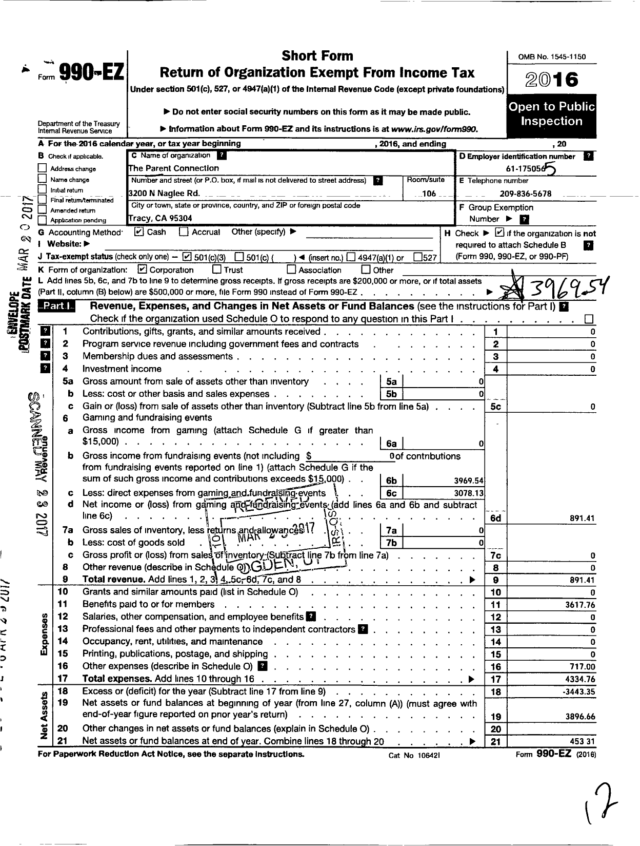 Image of first page of 2016 Form 990EZ for Parent Connection