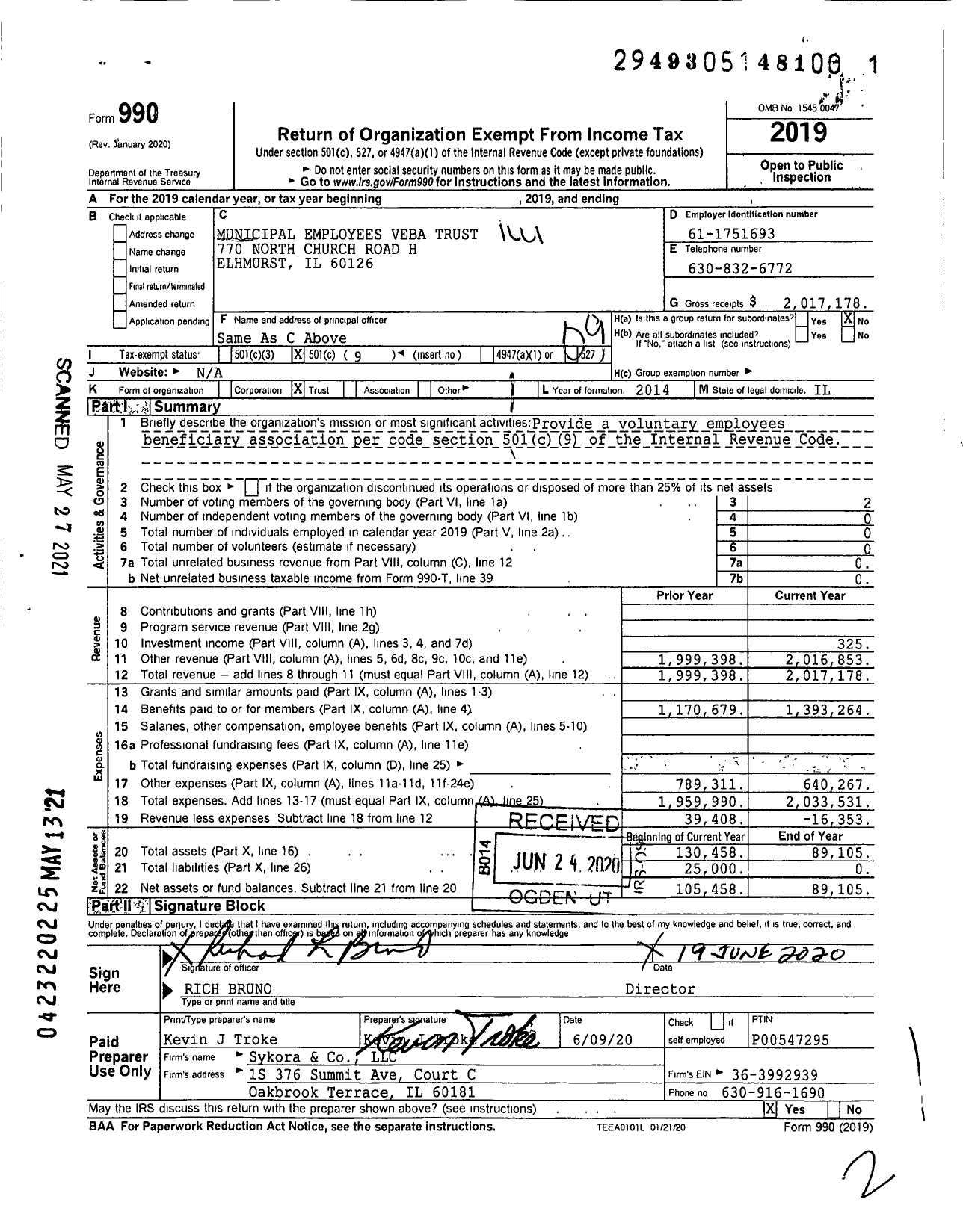 Image of first page of 2019 Form 990O for Municipal Employee Veba Trust