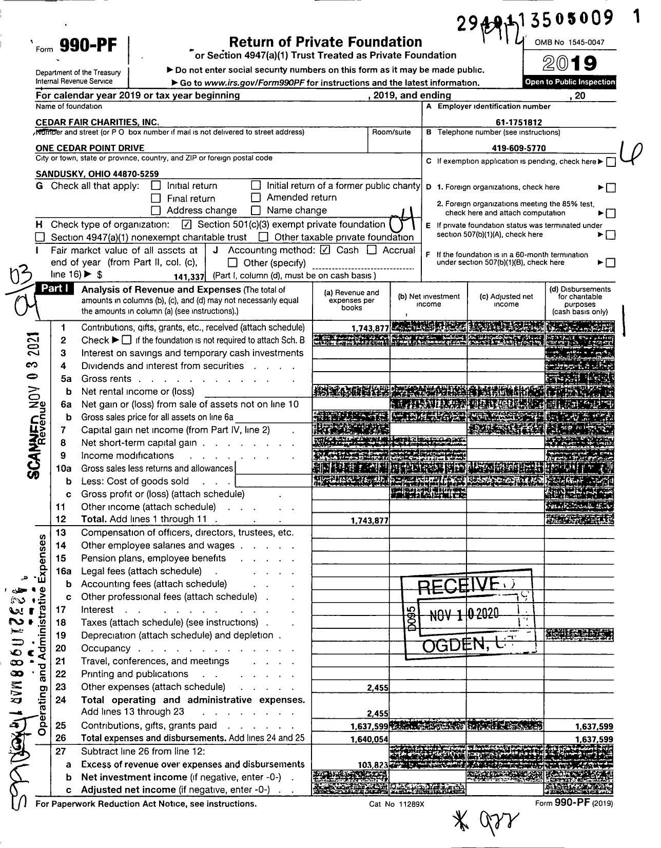 Image of first page of 2019 Form 990PF for Cedar Fair Charities