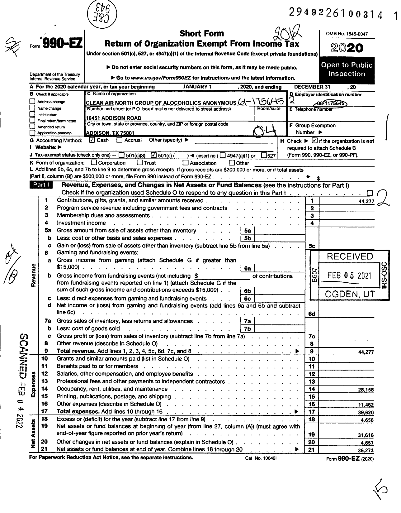 Image of first page of 2020 Form 990EO for Clean Air North Group of Alchoholics Anonymous