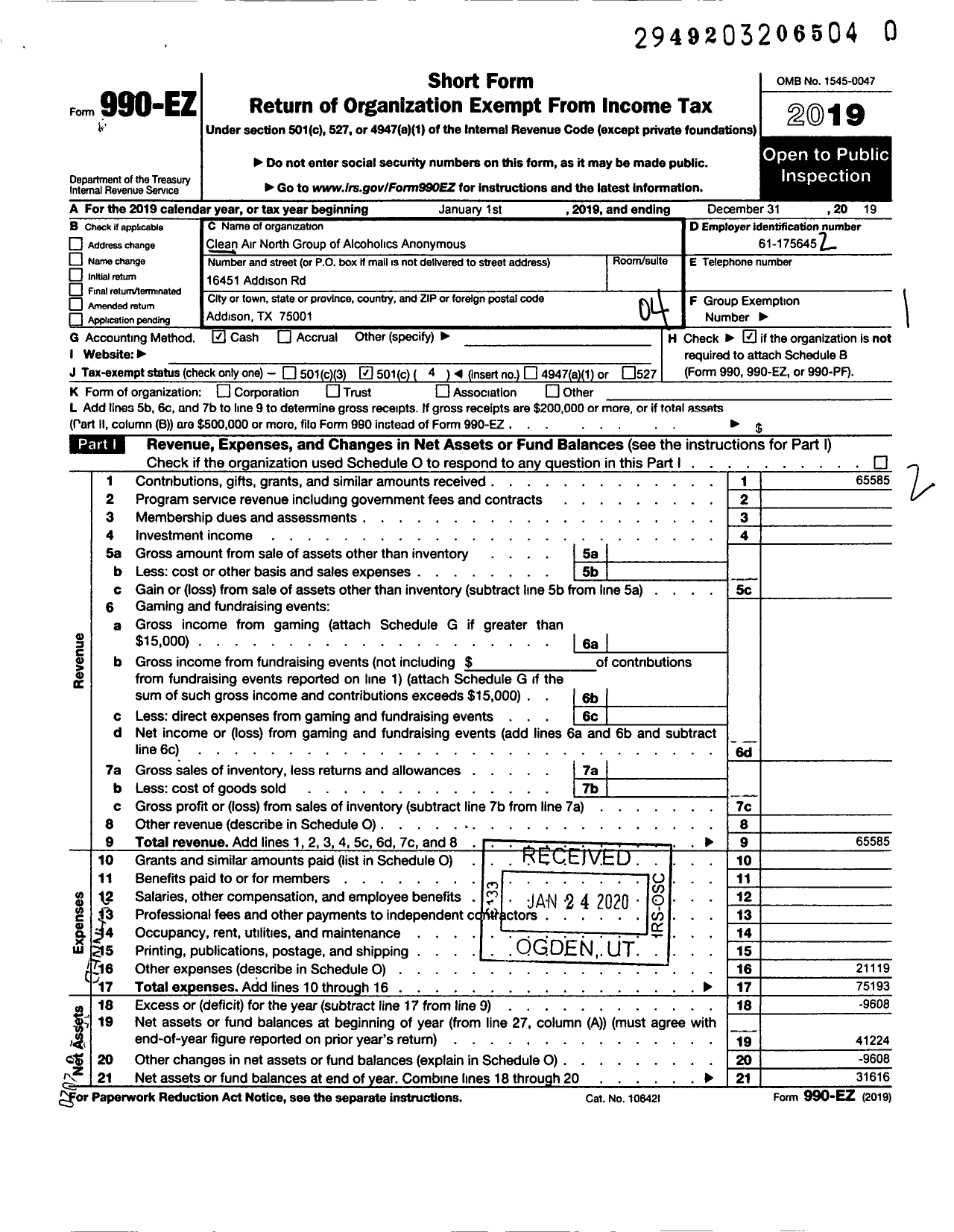 Image of first page of 2019 Form 990EO for Clean Air North Group of Alchoholics Anonymous