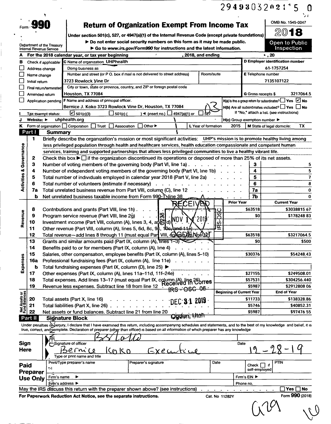 Image of first page of 2018 Form 990 for UHPhealth