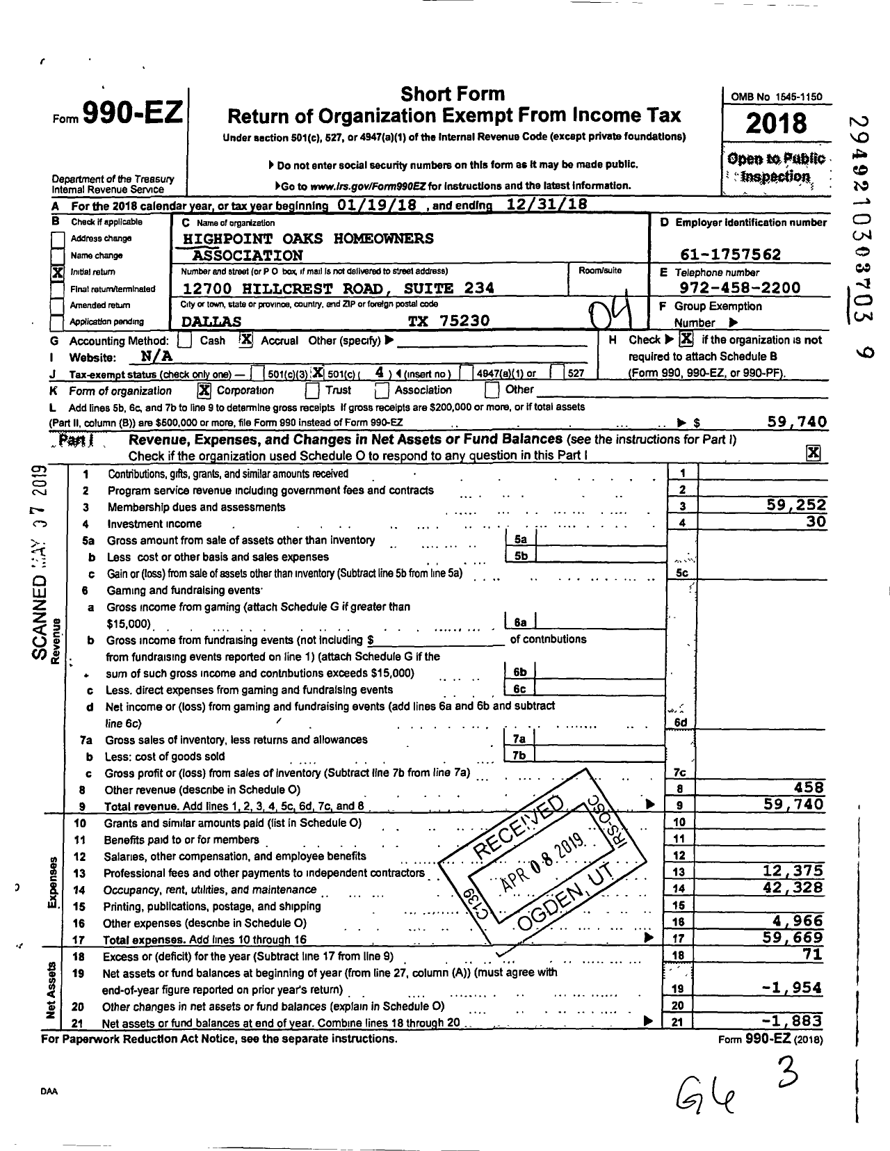 Image of first page of 2018 Form 990EO for Highpoint Oaks HOA