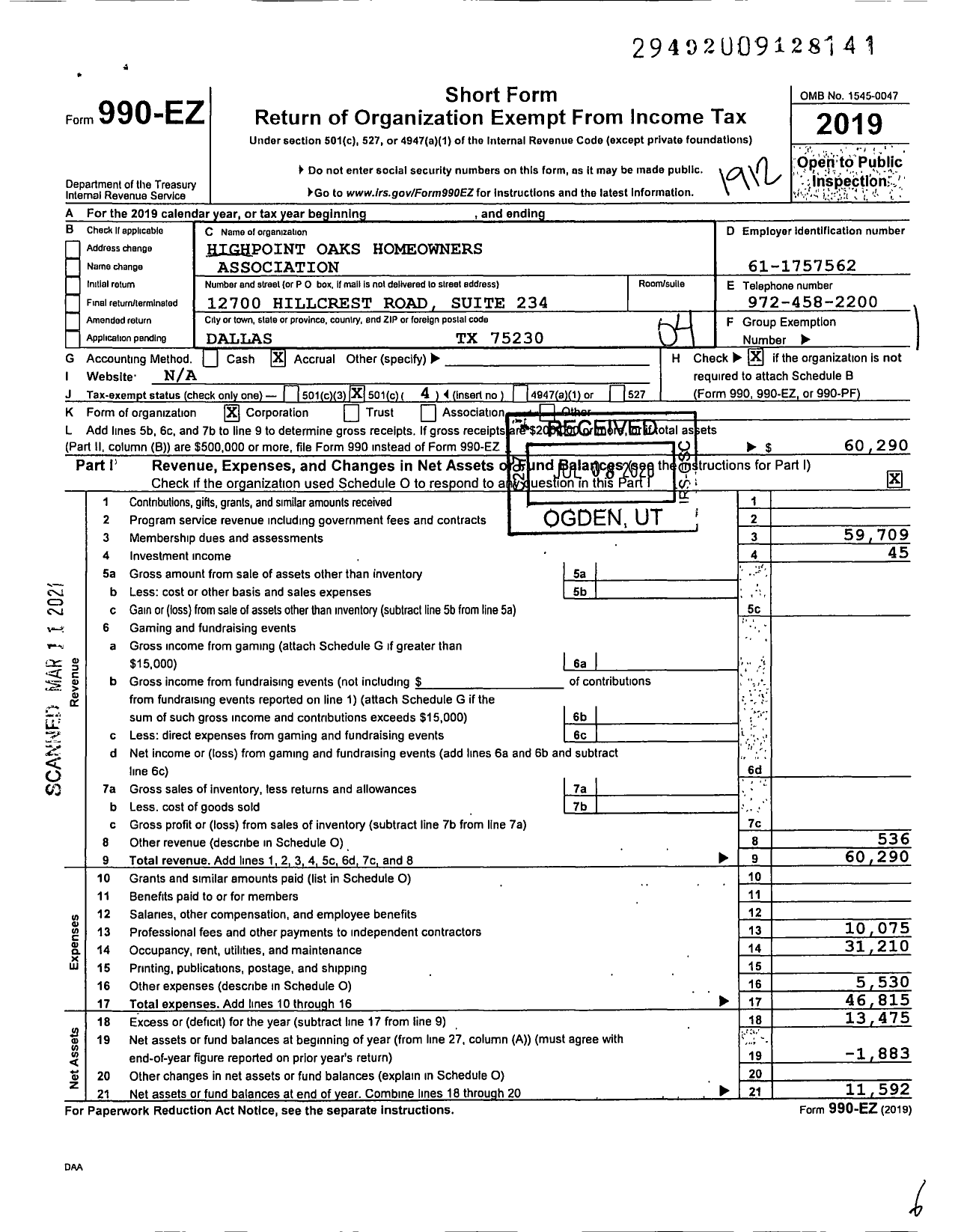 Image of first page of 2019 Form 990EO for Highpoint Oaks HOA