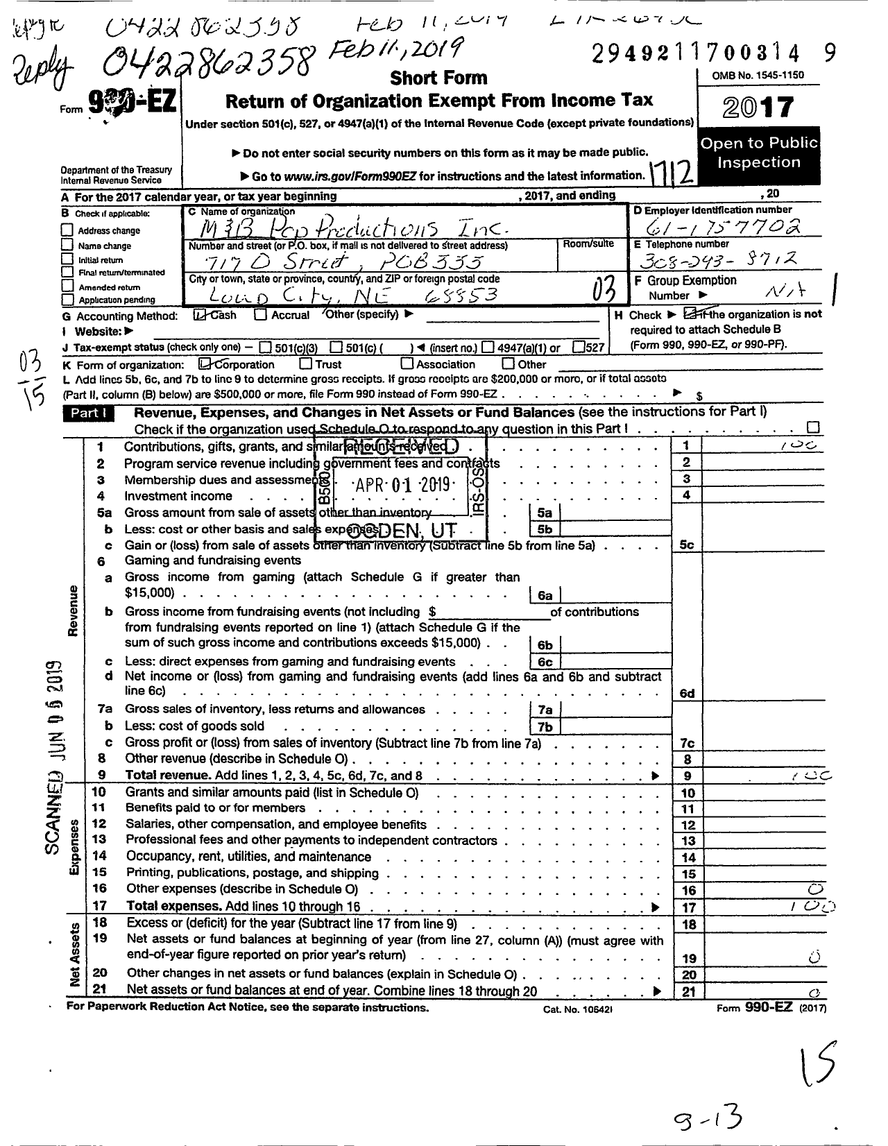 Image of first page of 2017 Form 990EZ for M and B Pop Productions