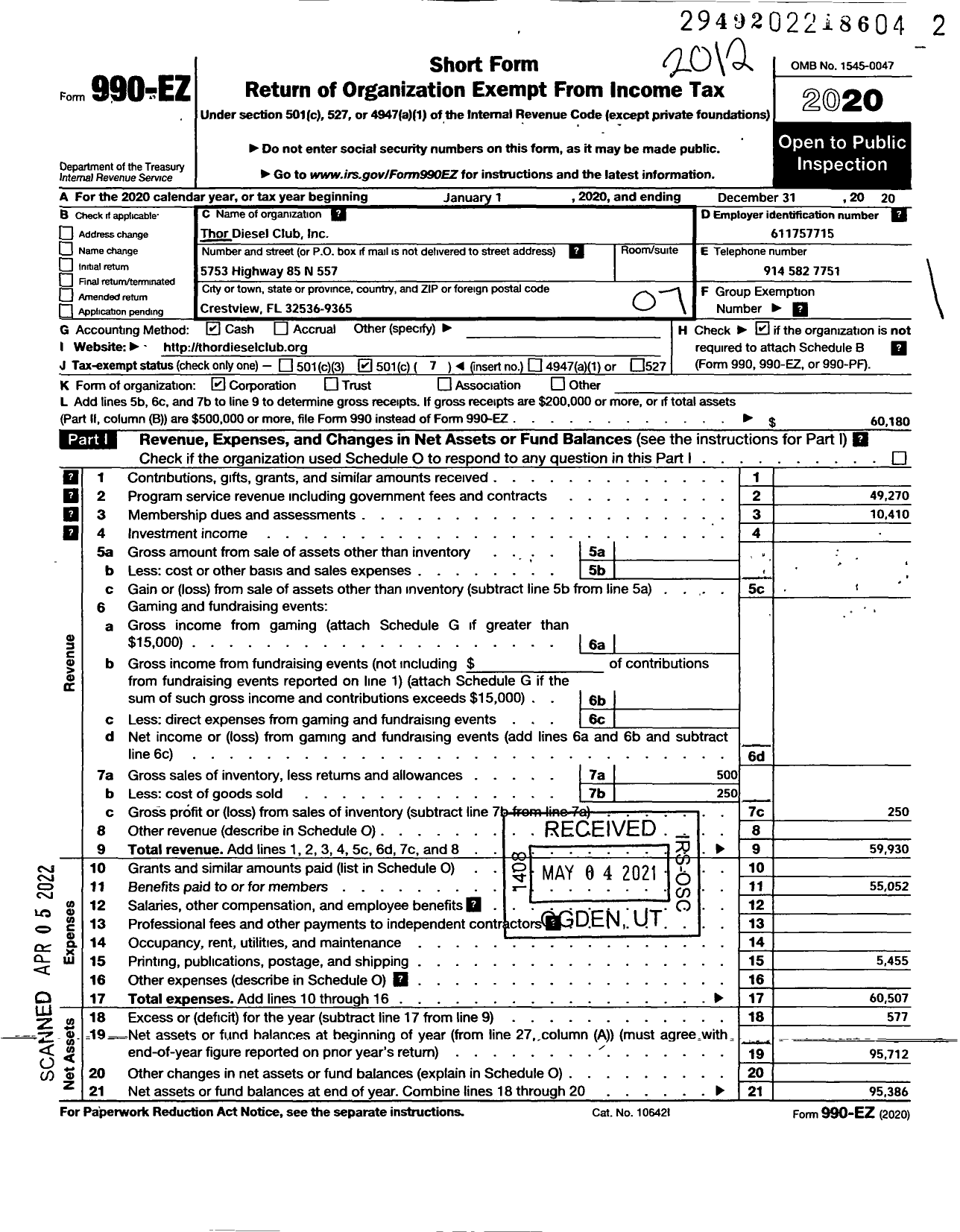 Image of first page of 2020 Form 990EO for FAMILY MOTOR COACH ASSOCIATION Thor Diesel Club