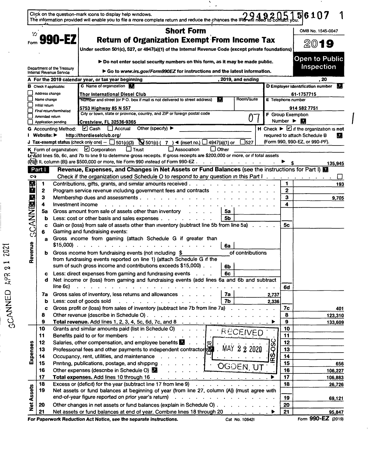 Image of first page of 2019 Form 990EO for FAMILY MOTOR COACH ASSOCIATION Thor Diesel Club