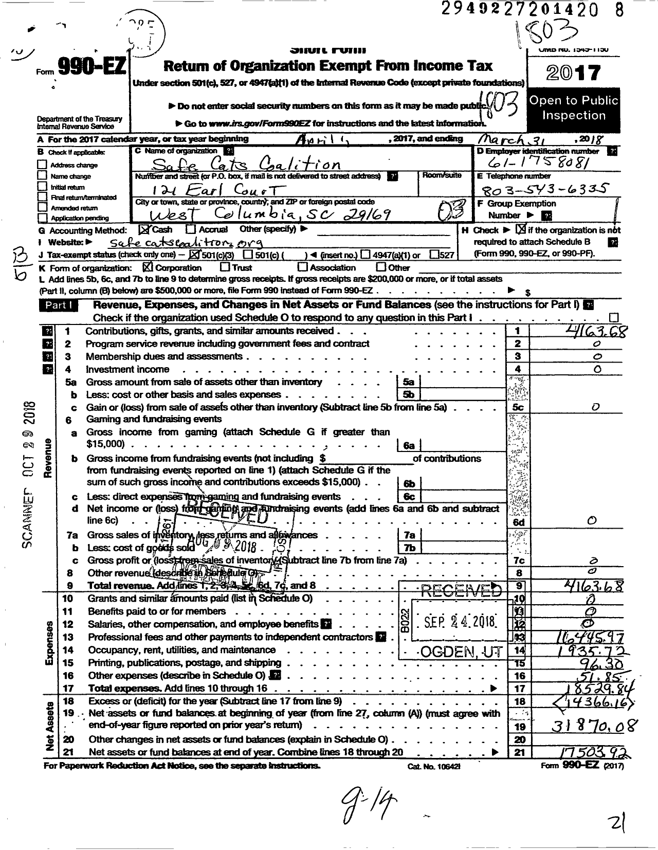 Image of first page of 2017 Form 990EZ for Safe Cats Coalition