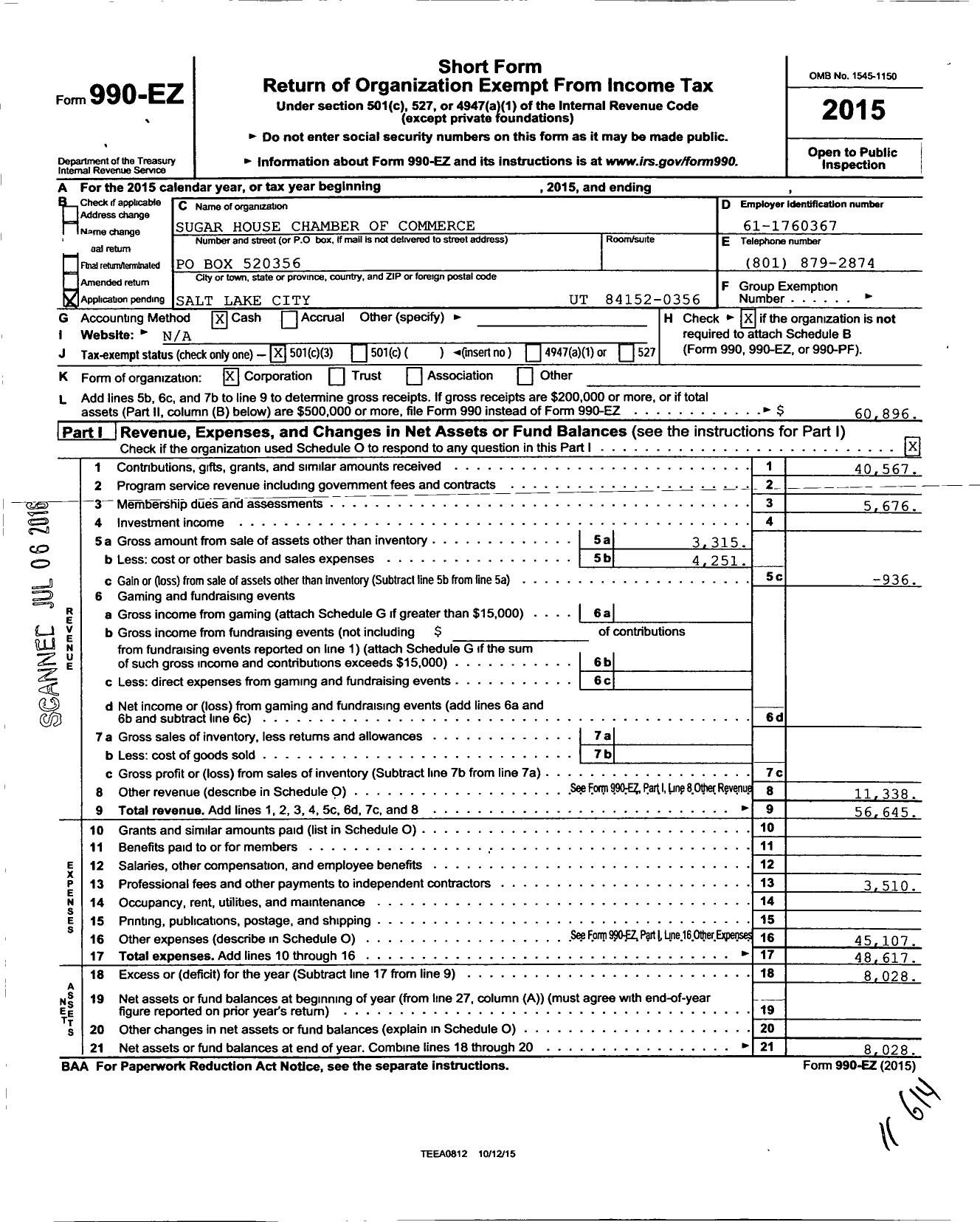 Image of first page of 2015 Form 990EZ for Sugar House Chamber of Commerce