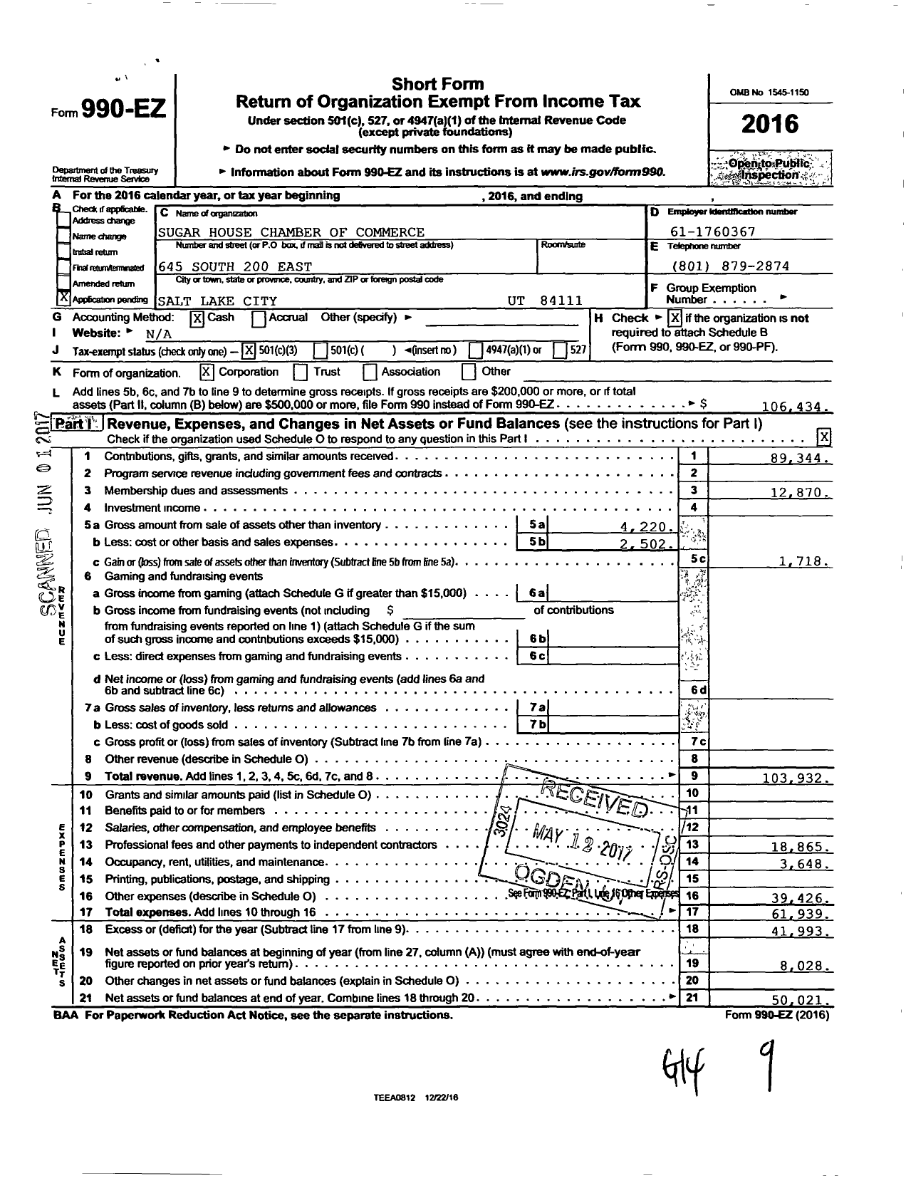 Image of first page of 2016 Form 990EZ for Sugar House Chamber of Commerce