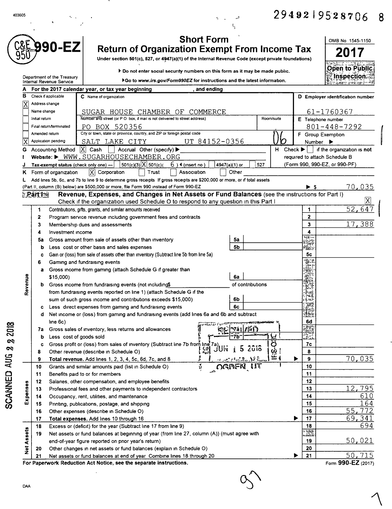 Image of first page of 2017 Form 990EO for Sugar House Chamber of Commerce