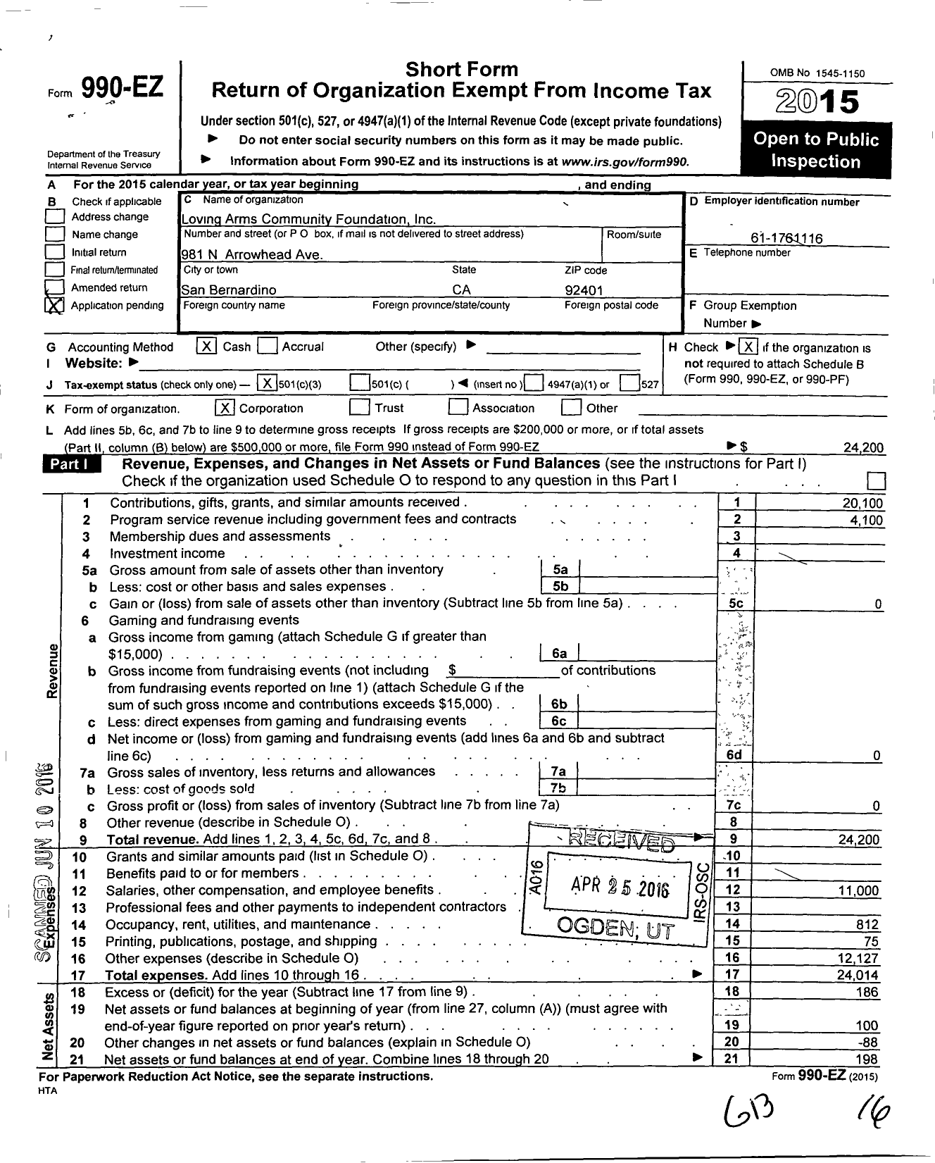 Image of first page of 2015 Form 990EZ for Loving Arms Community Foundation