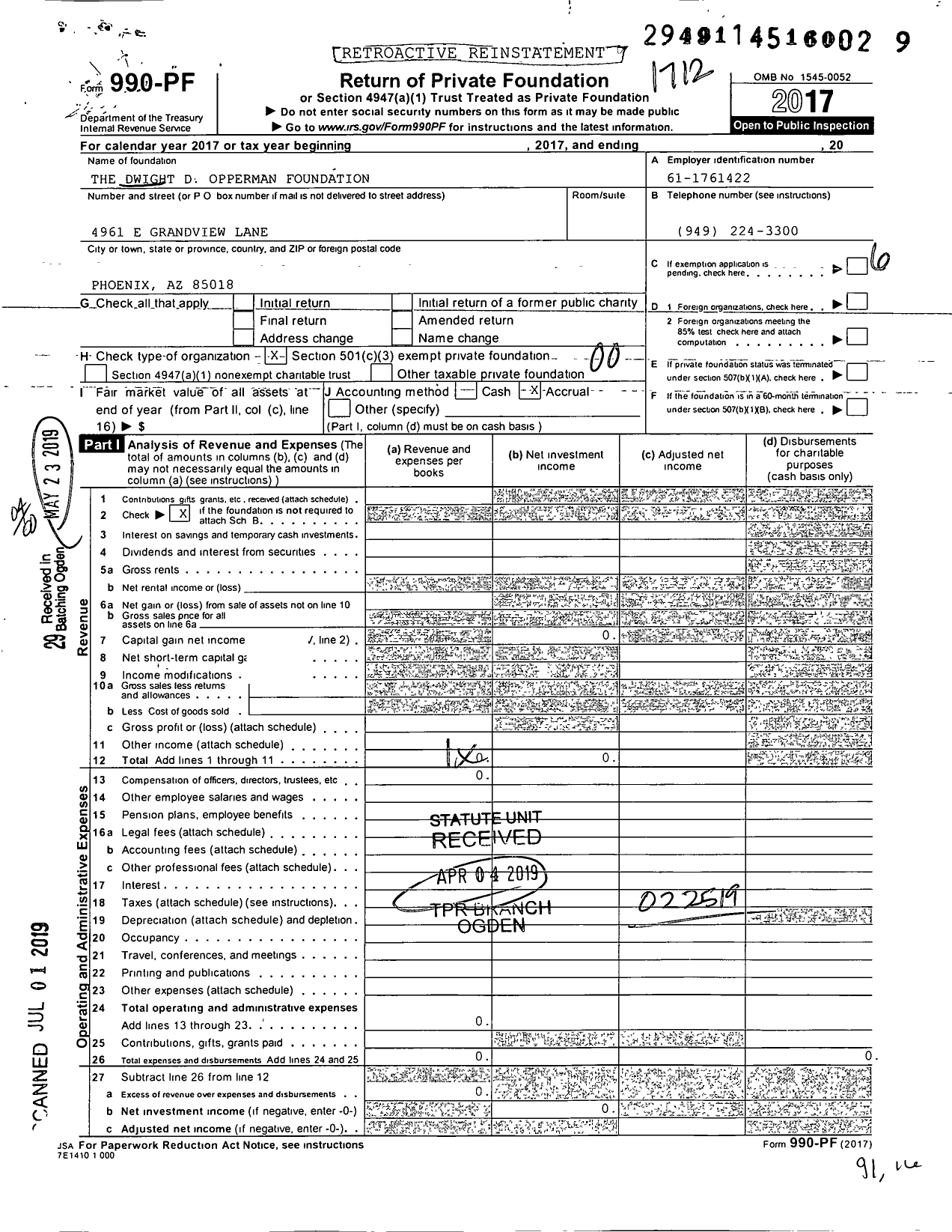 Image of first page of 2017 Form 990PF for The Dwight D. Opperman Foundation