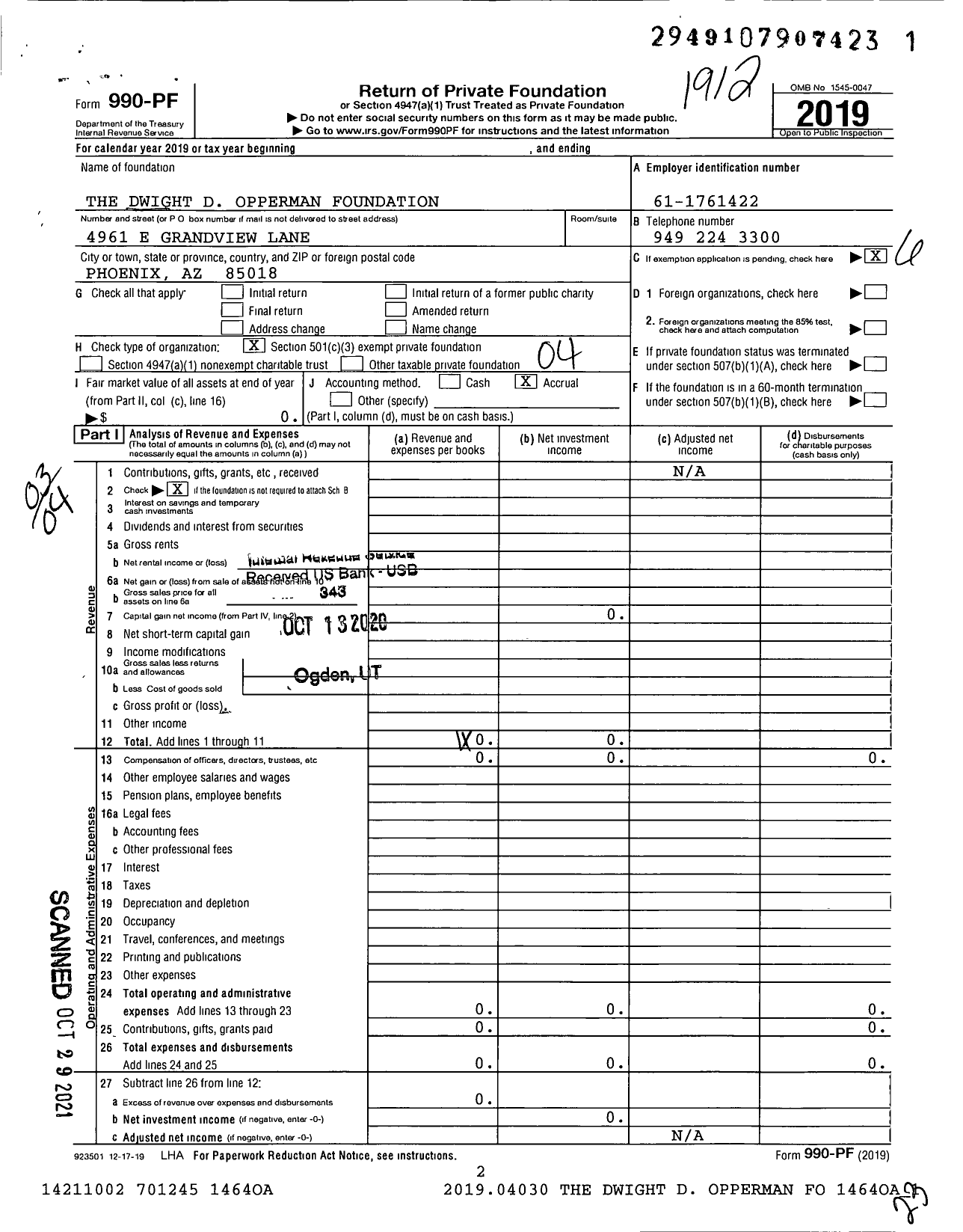 Image of first page of 2019 Form 990PF for The Dwight D. Opperman Foundation