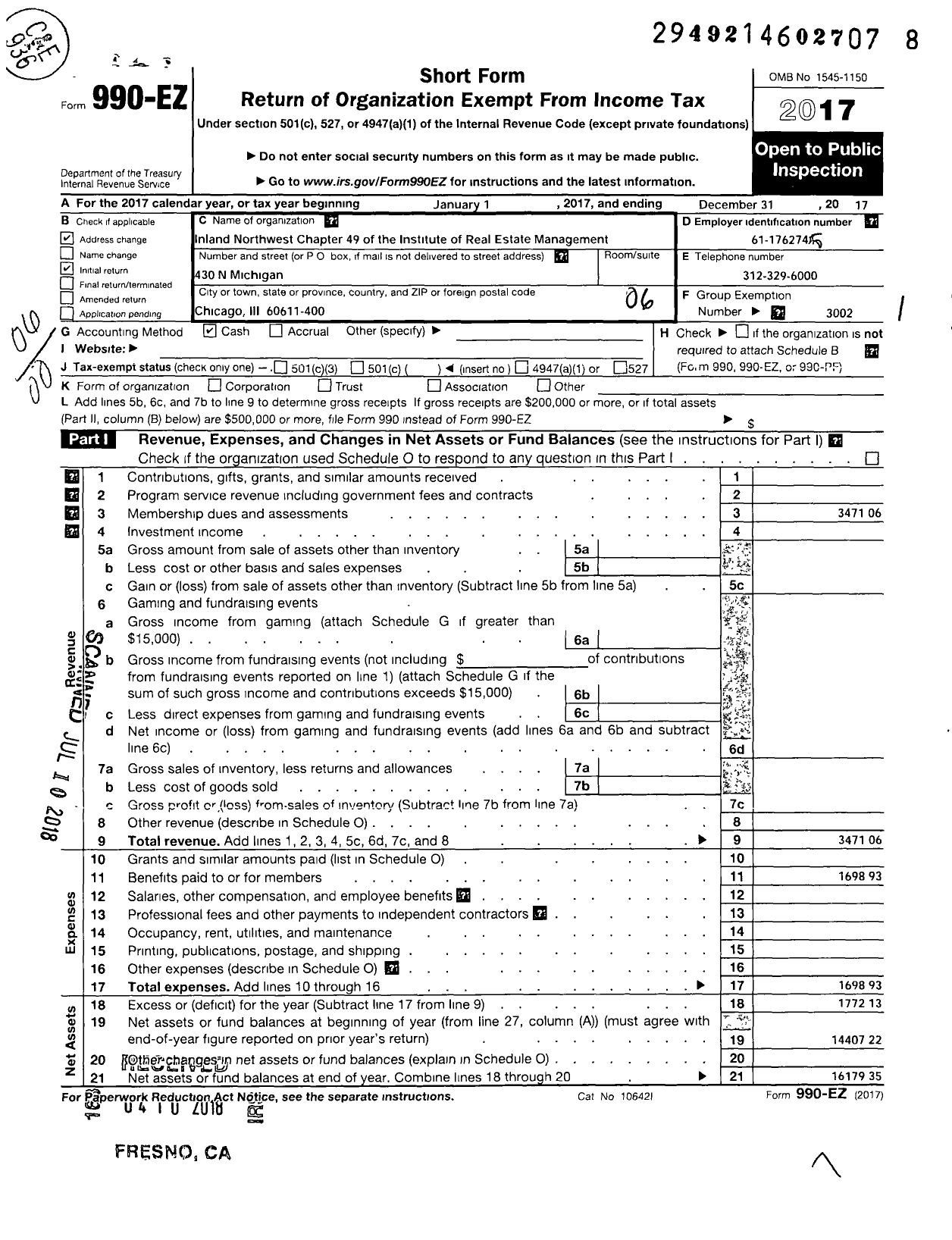 Image of first page of 2017 Form 990EO for Institute of Real Estate Management - 49 Inland Northwest Chapter