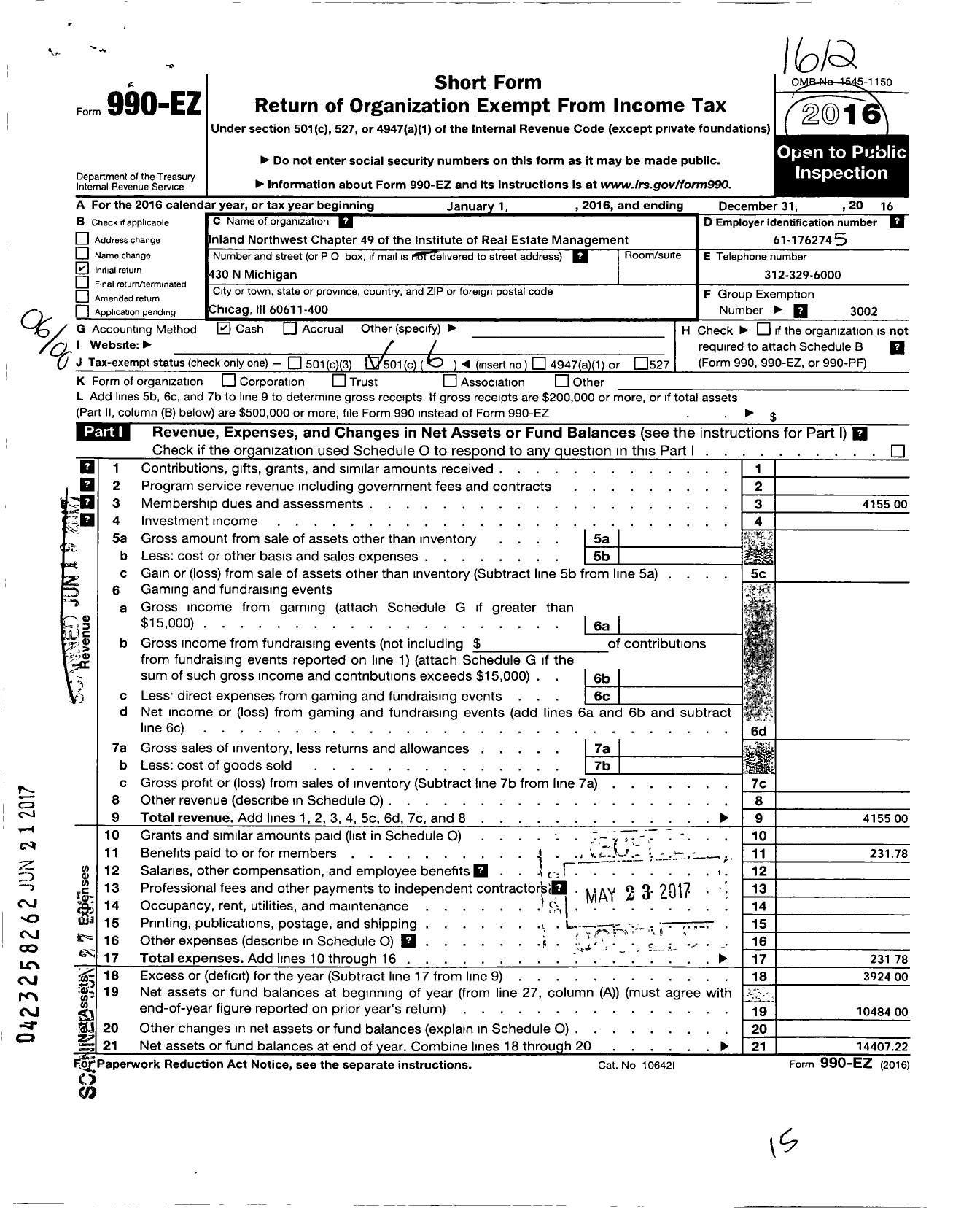 Image of first page of 2016 Form 990EO for Institute of Real Estate Management - 49 Inland Northwest Chapter