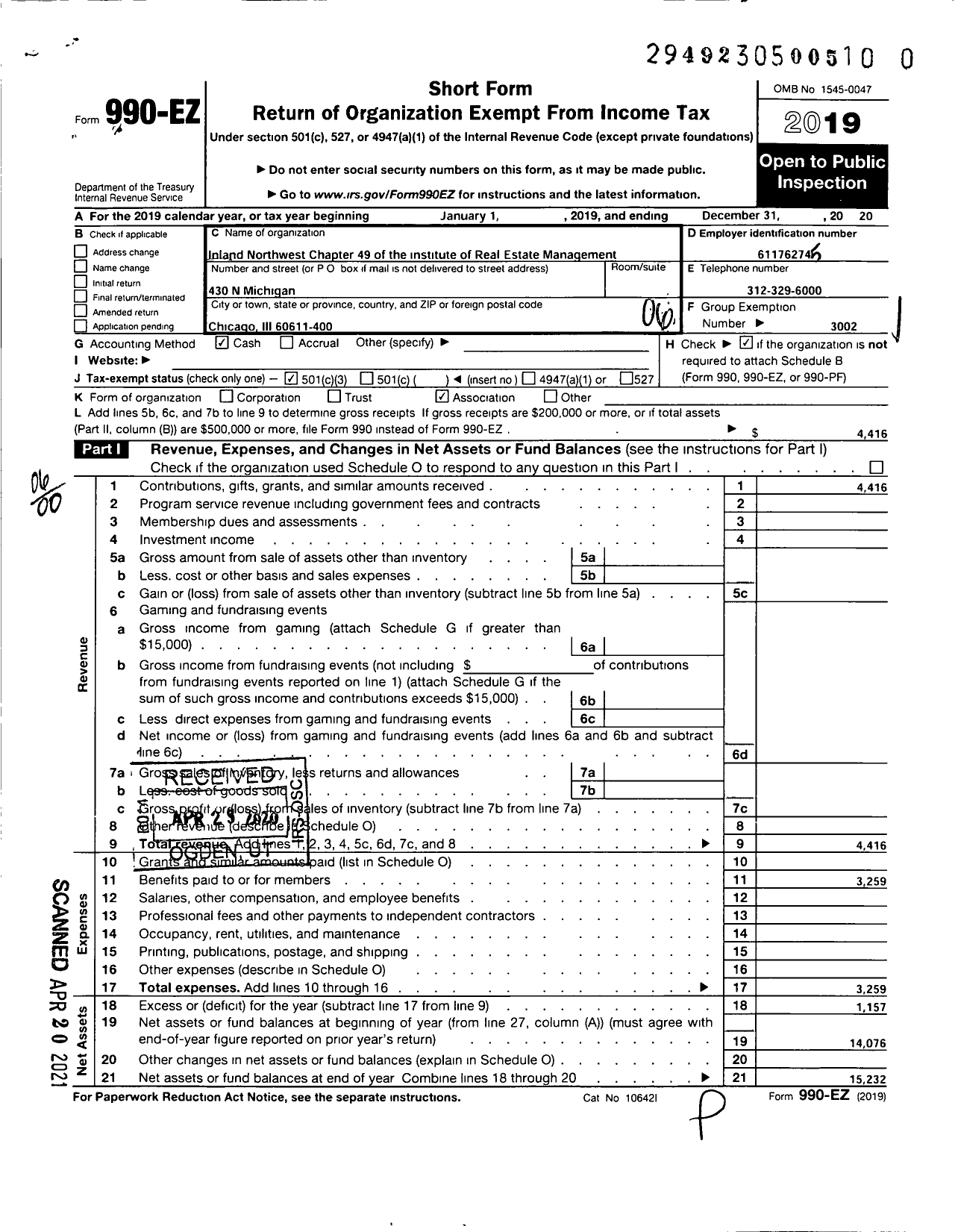 Image of first page of 2019 Form 990EO for Institute of Real Estate Management - 49 Inland Northwest Chapter