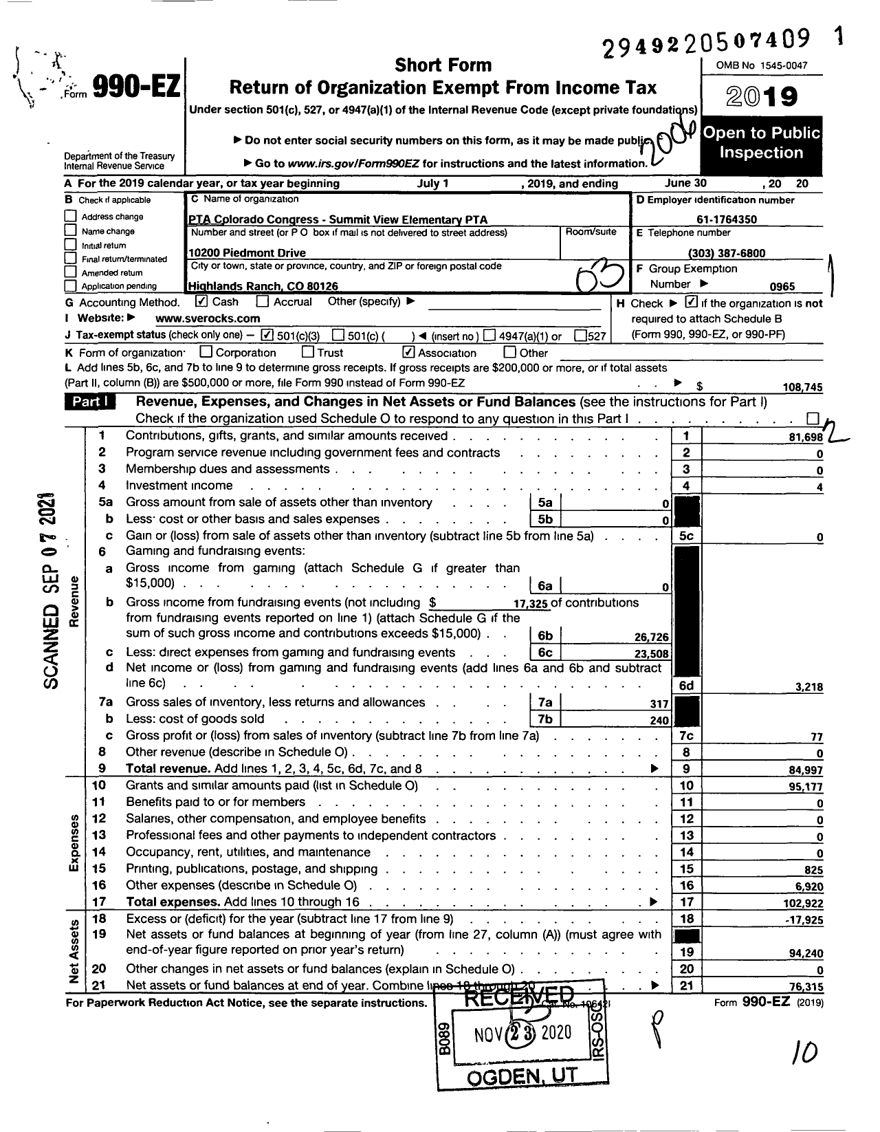 Image of first page of 2019 Form 990EZ for PTA COLORADO CONGRESS Summit View Elementary PTA