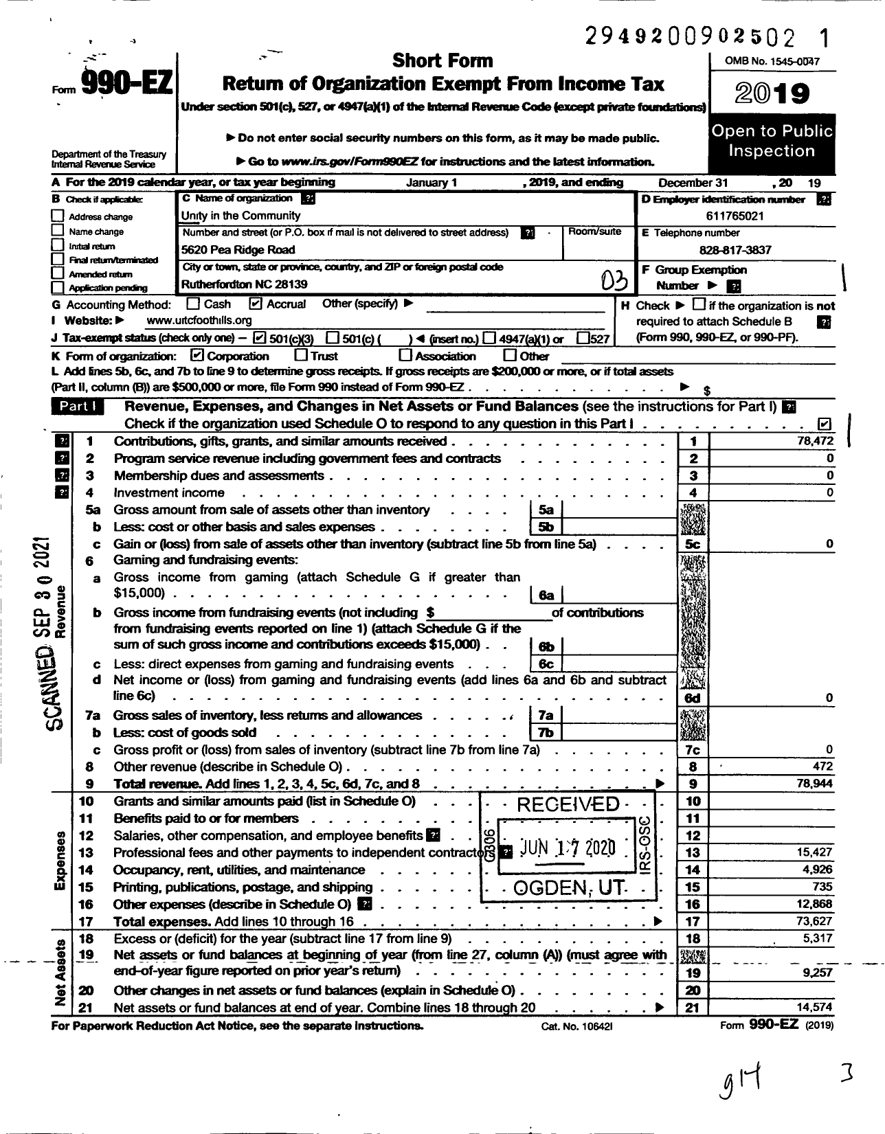 Image of first page of 2019 Form 990EZ for Unity in the Community